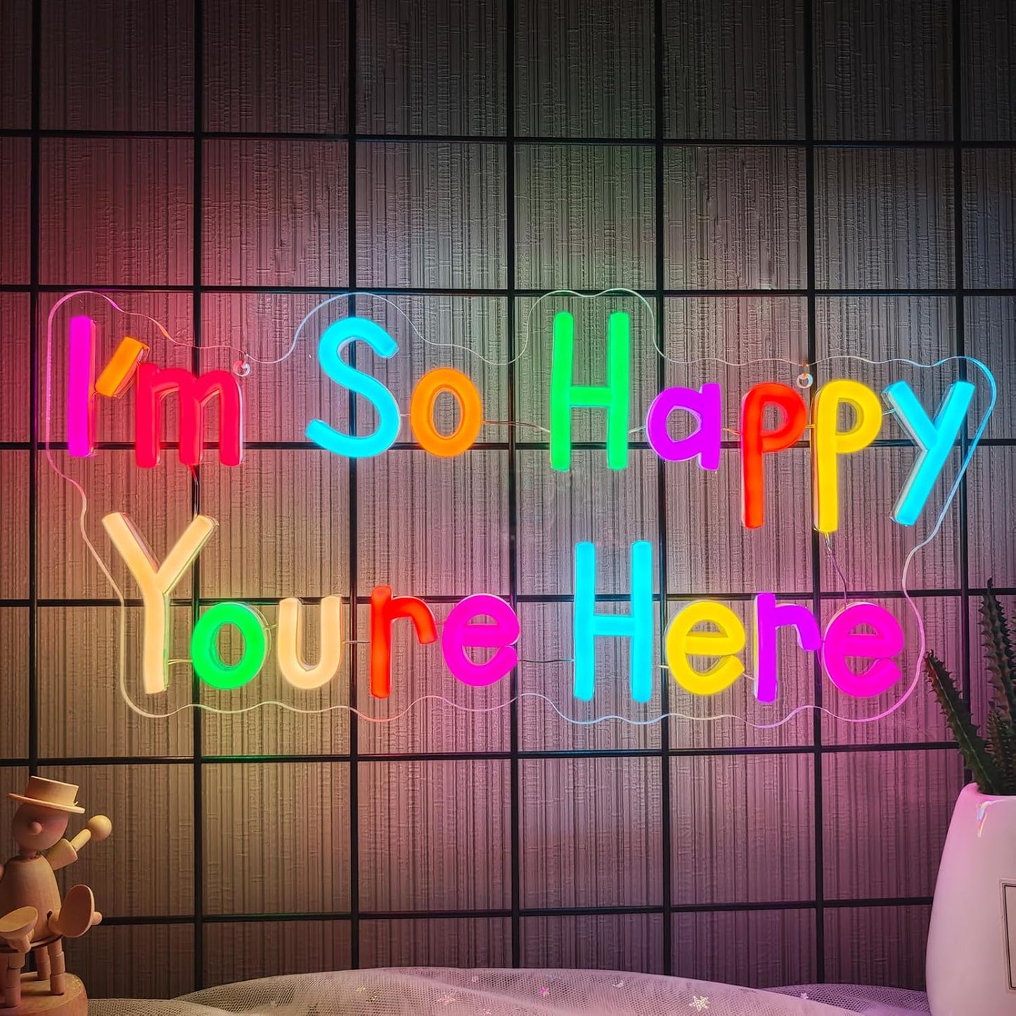 I'm So Happy You're Here Neon Sign for Classroom, Classroom Neon Sign Dimmable LED Neon Light USB Powered Welcome Wall Decor for Kids Room, Home, Office, Party Inspirational Positive Wall Art Sign 15.75 × 7.28 in