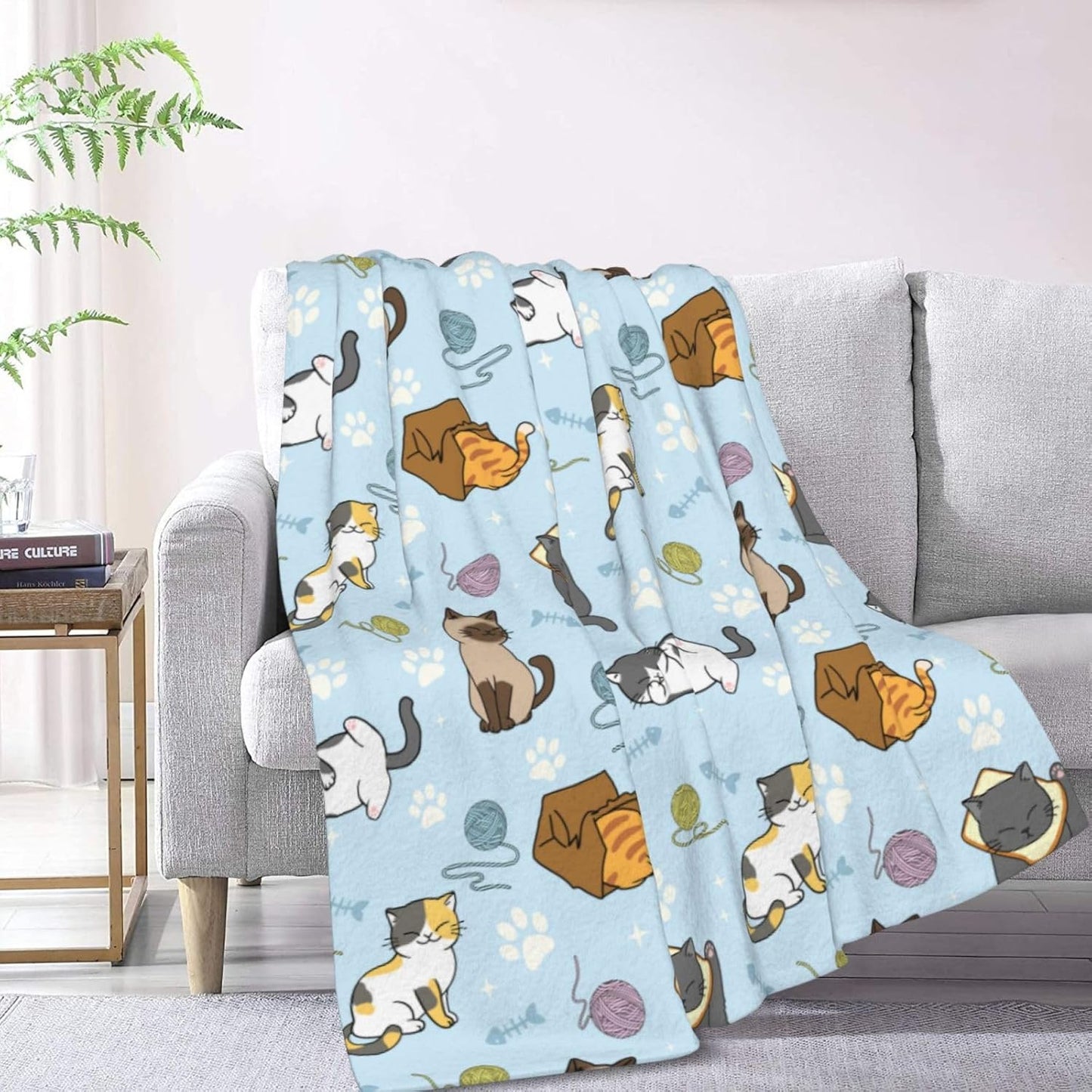 Soft Fluffy Cat Pattern Blanket, Cute Feline Design Cozy Throw Blanket for Adults Kids Pet,Lightweight Warm Plush Fleece Blanket for Couch Bed Sofa, for Cat Lovers 60"x50"