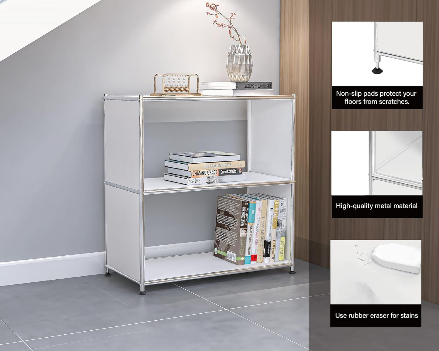 32-Inch 2-Tier Metal Bookcase, Open Shelf Storage Organizer for Living Room, Bedroom, Side Table or Nightstand Use, Modern DIY Assembly, White