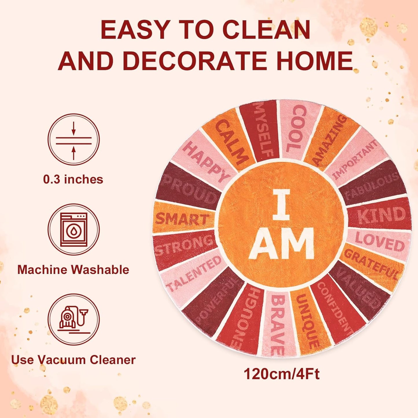 Boho Round Rug 4 Ft Retro Colorful Sun Rainbow Positive Words Area Rug Soft Motivational Carpet for Back to School Classroom Home Kindergarten Dorm Bedroom Reading Nook Playroom Decor