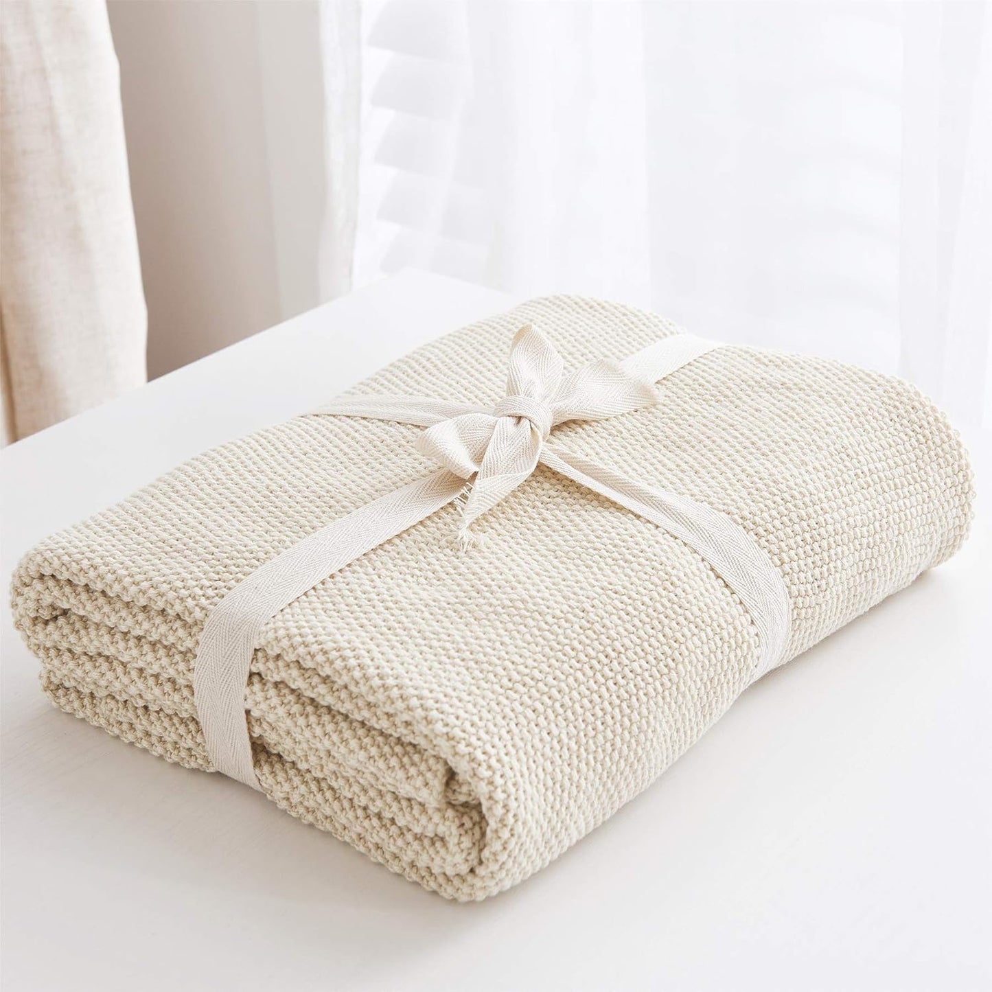 Longhui bedding Cotton Cable Knit Throw Blanket for Couch Sofa Bed, Home Decorative, Lightweight Woven Blankets with Bonus Laundering Bag, 50“ x 60”, Beige