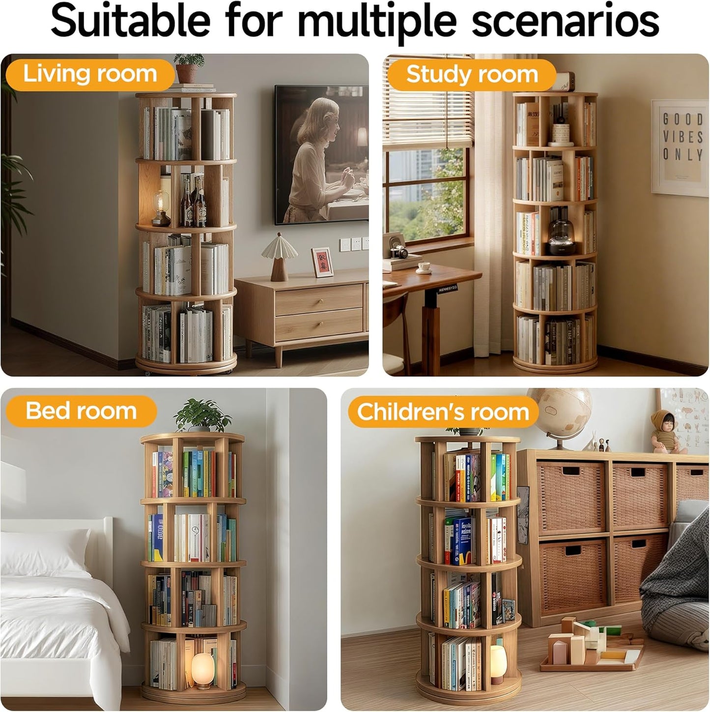 Rotating Bookshelf Tower, Wooden, 5 Tier Vertical Rotate Turning Spiral Corner Organizer, 360° Rotating Book Tower, Ideal for Small Spaces, Living Rooms, Bedrooms (Natural, 5 Tier)