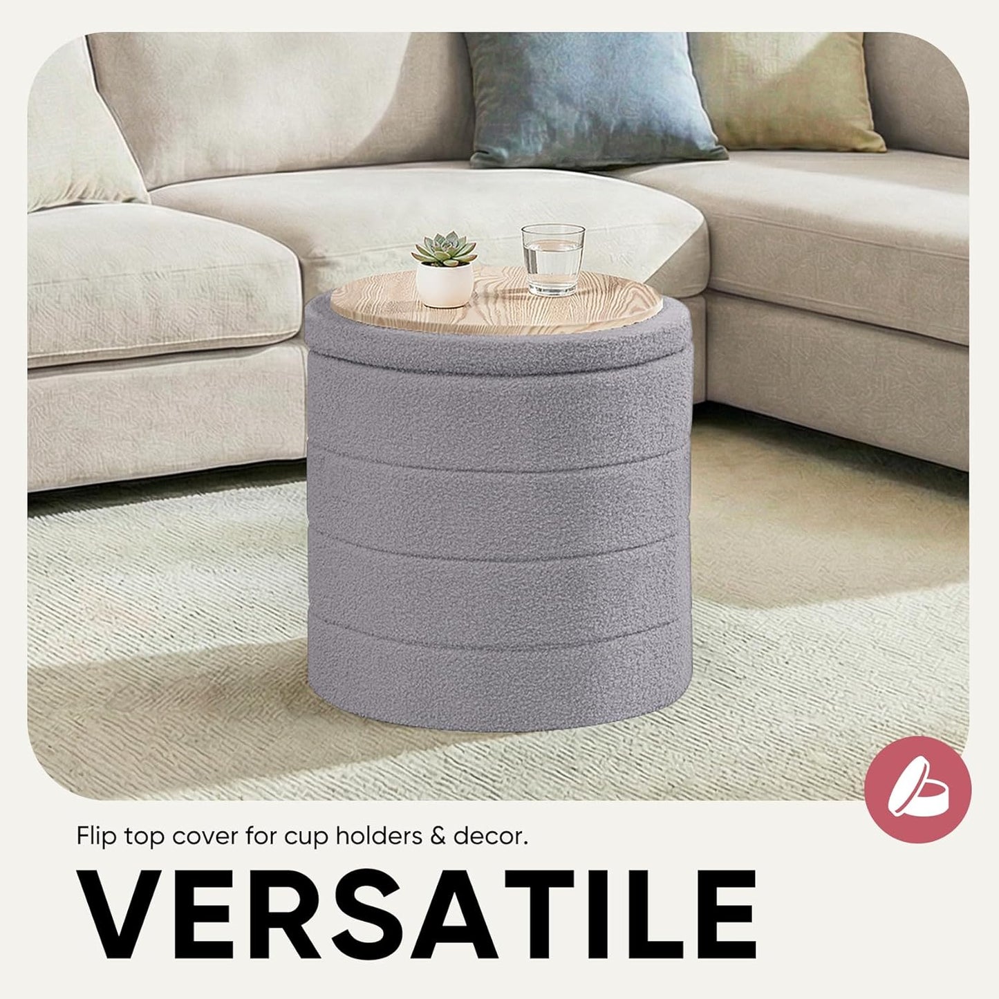 17" Teddy Fabric Round Storage Ottoman, 2-in-1 Flip Top Foot Rest，Ottoman Coffee Table for Small Space Living Room, Bedroom,Hallway-Grey