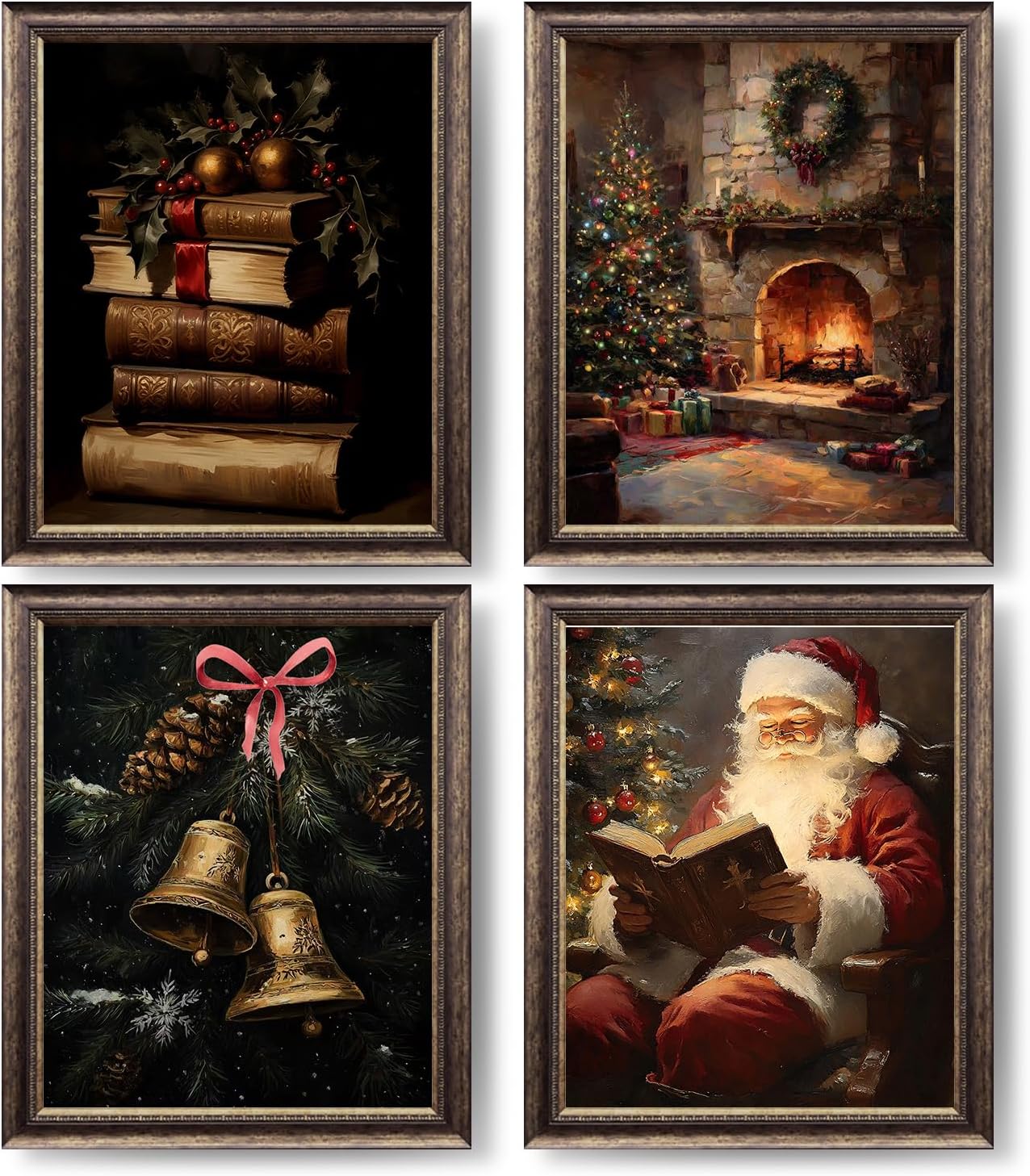 XUNLURY Dark Academia Christmas Wall Art Prints Unframed Set of 4, Vintage Christmas Wall Decor, Santa Book Cozy Fireplace Xmas Tree Bells Artwork Pictures for Home Library Reading Room Corner, 8x10