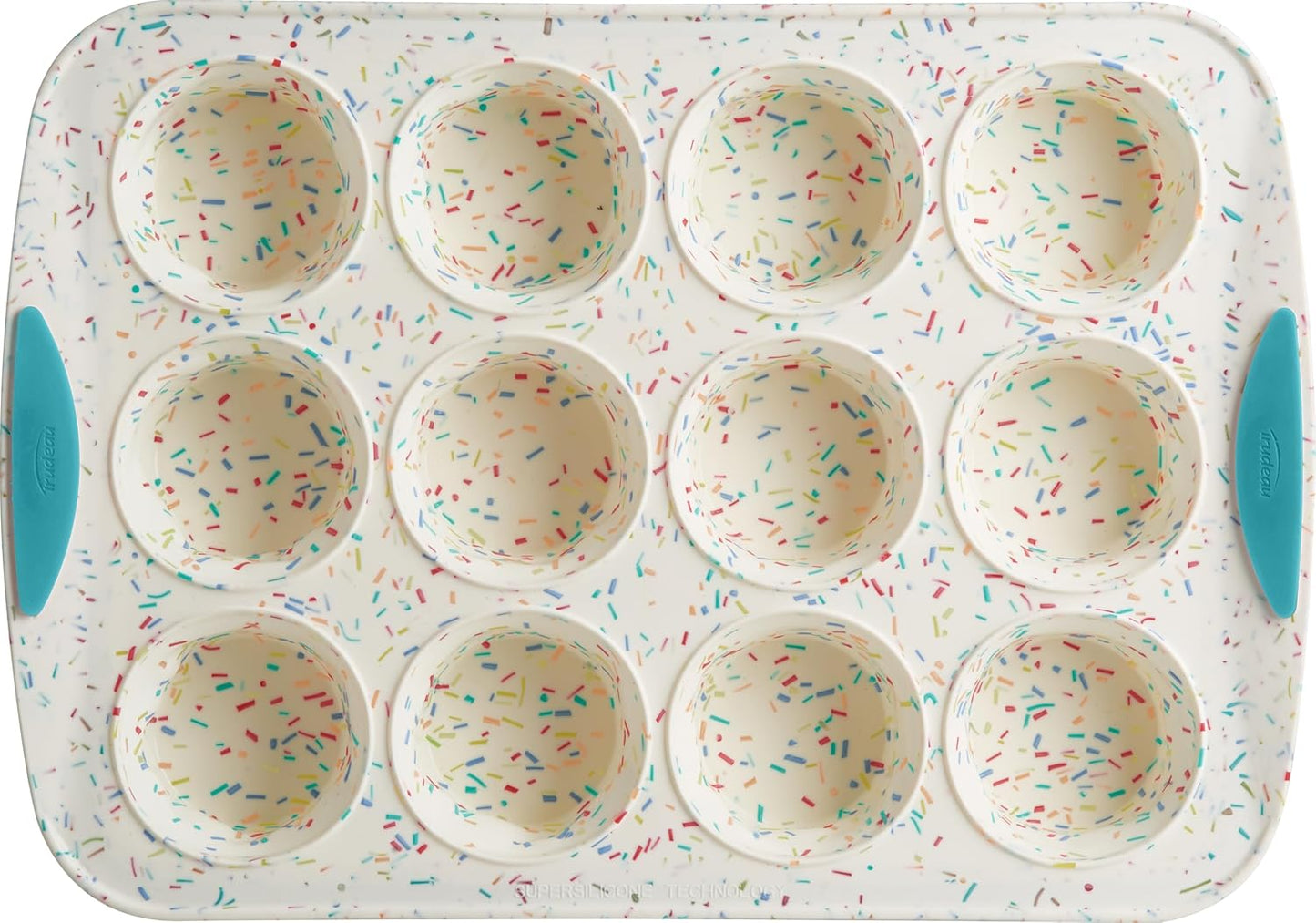 Trudeau Structured Silicone Muffin Pan, 12 Cup Confetti/Aqua, Steel-Reinforced Rim, BPA-Free Nonstick Bakeware, Oven Safe to 428°F, Freezer & Dishwasher Safe