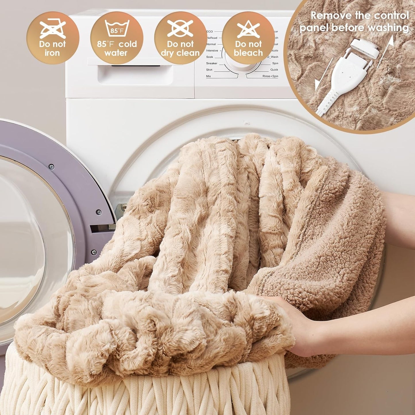 EHEYCIGA Electric Heated Blanket Throw Faux Fur, 10 Hours Auto Shut Off 9 Heating Levels Heating Blanket Throw, Soft Warm Heated Blanket Fast Heating Camel, Faux Fur & Sherpa