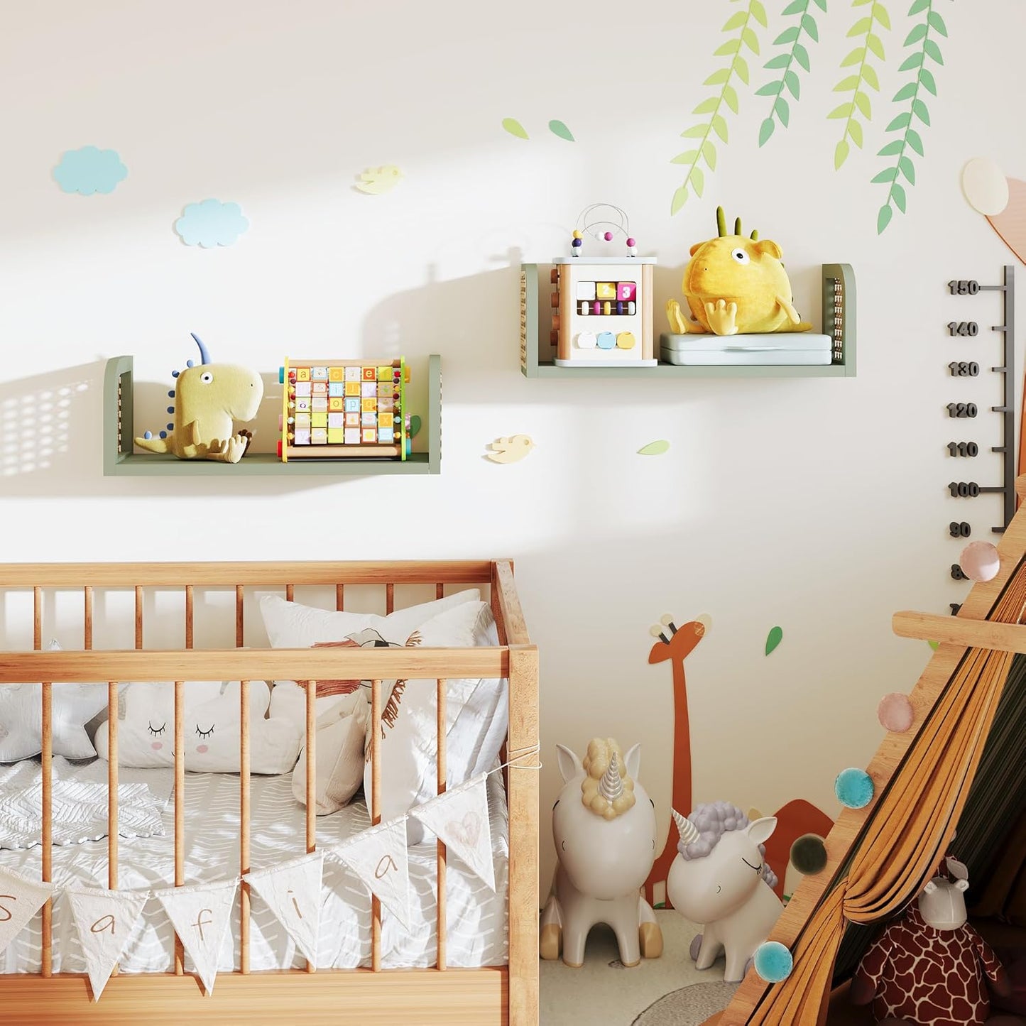 Green Rattan Shelf Set of 2, Cute Nursery Shelves Wall Mounted, Natural Hanging Bookshelf Storage, Boho Decorative Floating Shelves for Kids Room, Living Room, Play Room, Bedroom, Home Decor