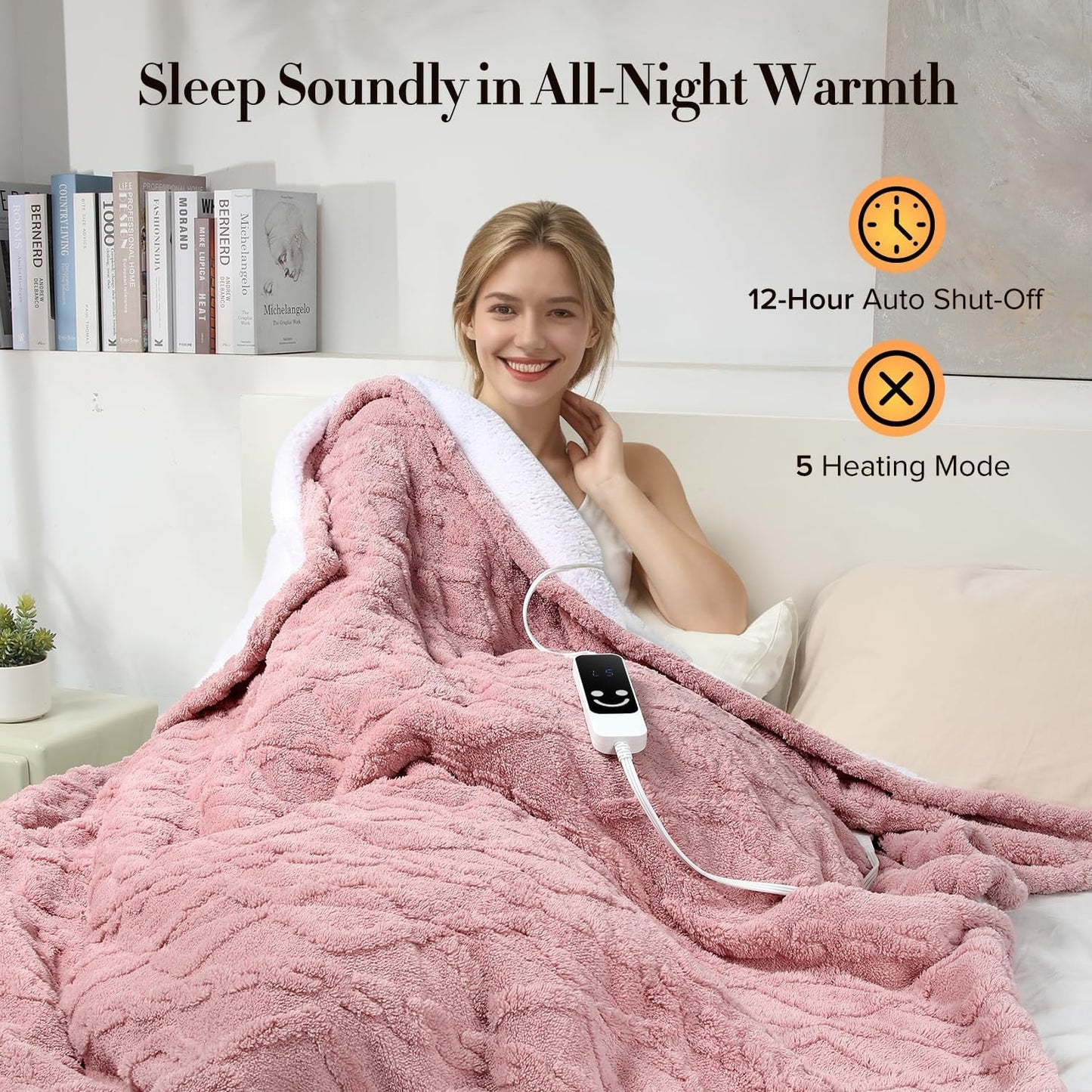Kmall Heated Throw Blanket, Electric Blanket Throw with 5 Heating Levels & 12 Hours Auto Off,Flannel to Sherpa Super Cozy Heated Blanket for Bedding Sofa Machine Washable, 50x60 inch, Pink