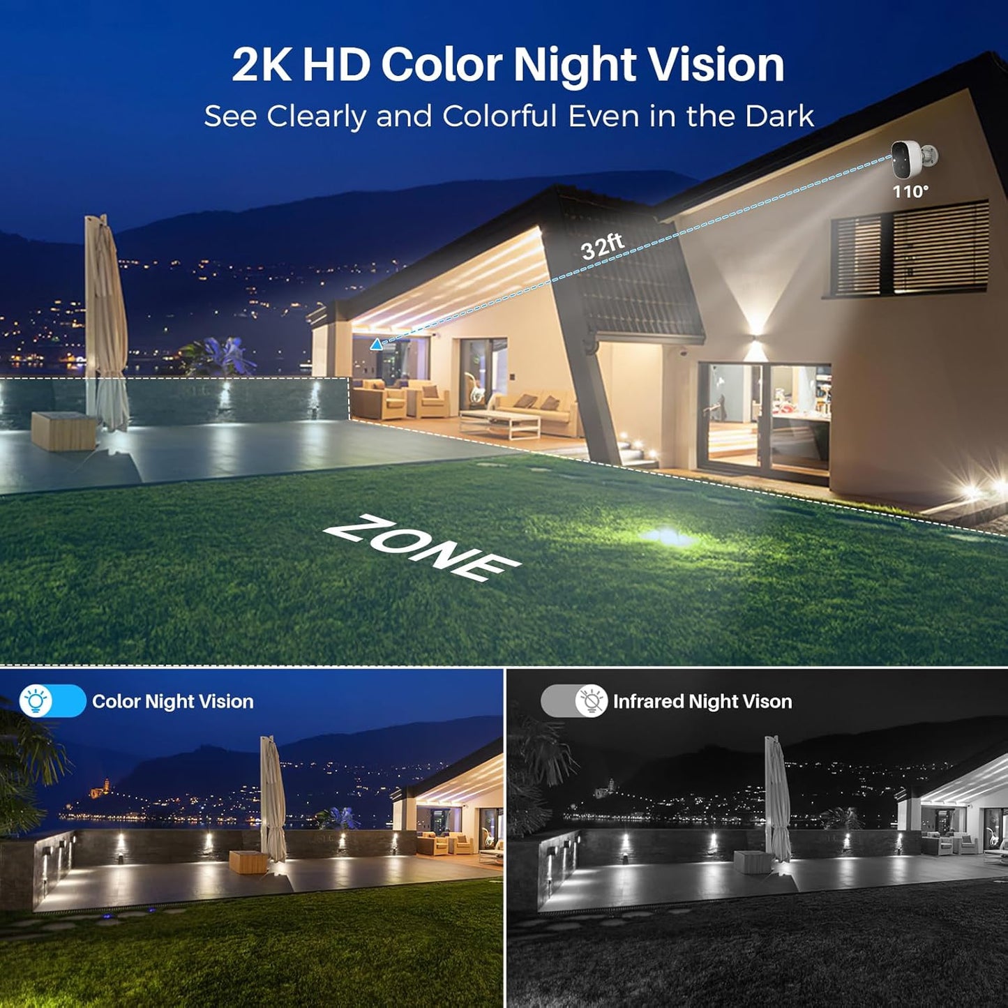 Security Cameras Wireless Outdoor Indoor, 2K Battery Powered WiFi Camera for Home Security, AI Motion Detection, Color Night Vision, IP66 Weatherproof, 2-Way Talk, Siren Alarm, SD/Cloud Storage