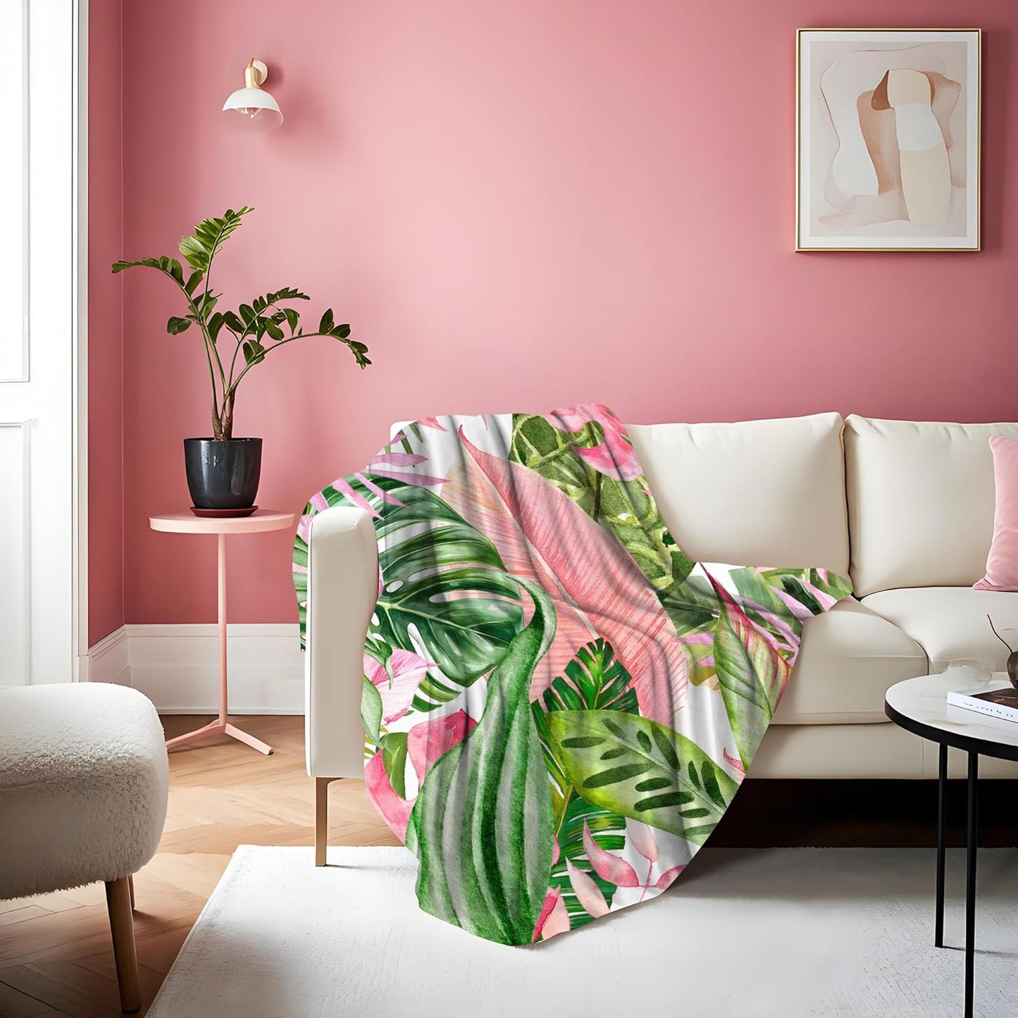 Pink and Green Tropical Palm Leaf Throw Blanket Monstera Leaves Jungle Plant Flannel Blankets for Couch Bed Living Room Sofa, Decorative Patterned Super Soft Cozy, 50x60 in