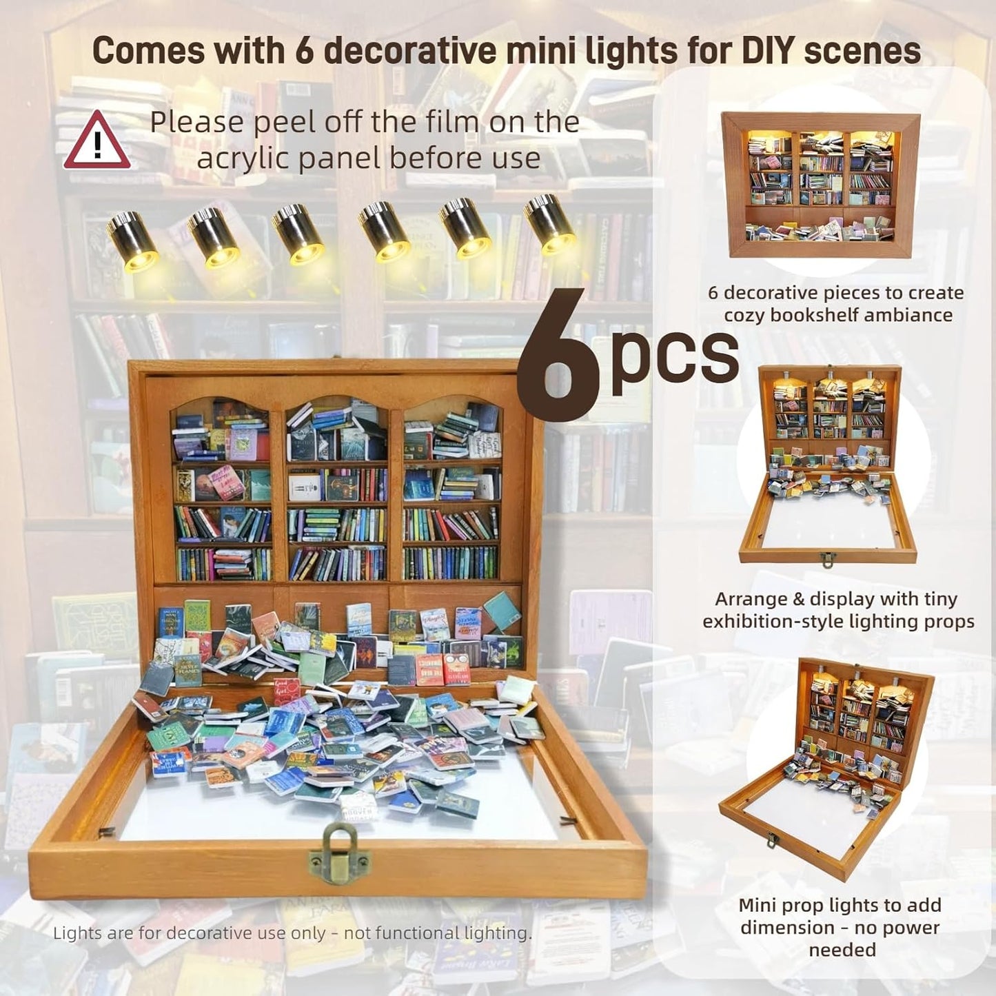Anxiety Bookshelf with 6 Decorative Mini Lights and 400 Mini Book Pieces, Miniature Bookshelf, Book Organizer for Office Desk, Library Decor for Tiny Home and Bookish Spaces, 10.2 x 9.1 x 3.1 in