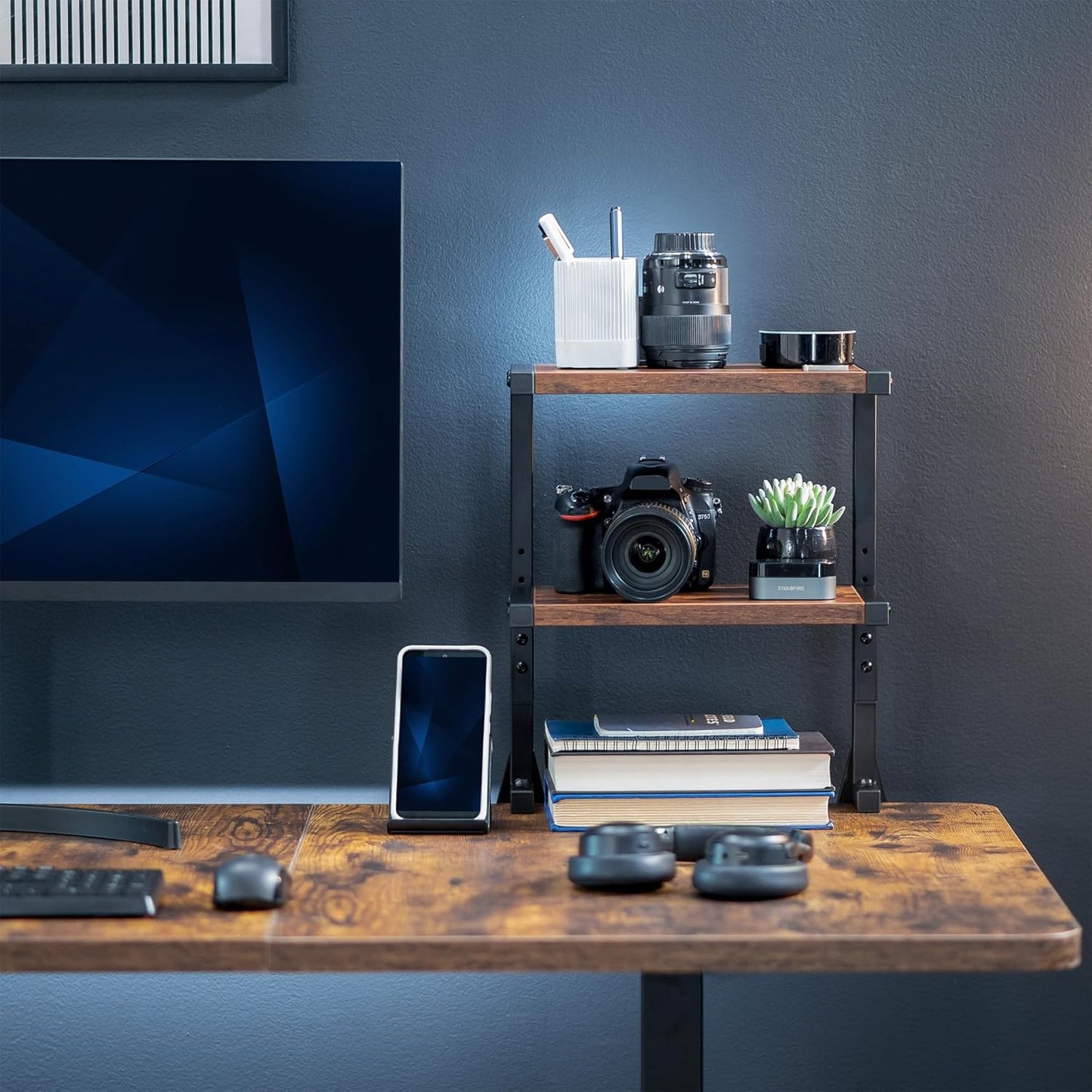 VIVO Clamp-on 13 inch Above or Below Desk 2-Tier Shelving Unit for Table Accessories, Gaming Devices, and More, Storage Tray, Desktop Organizer, Rustic Vintage Brown, STAND-SHELF2C-N