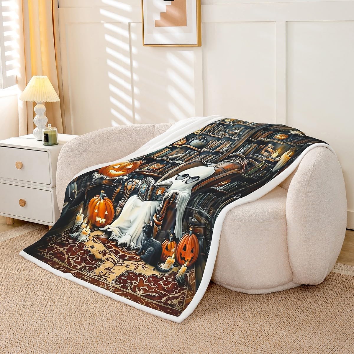 Manfei Reading Ghost Throw Blanket Cartoon Bookshelf Fleece Blanket Halloween Pumpkin Lantern Cozy Throws for Bed Couch Sofa,Kids Boys Girls Room Decor,Soft and Breathable(60 x 80 Inches)