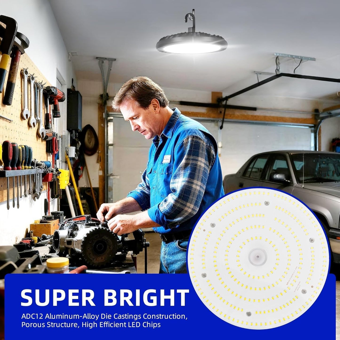 2 Pack LED High Bay Light 150W, 5000K UFO LED High Bay Light Fixture with US Plug [450W MH/HPS Equiv.] 120-277V, 19,500lm, IP65 Commercial Warehouse Area Light for Wet Location
