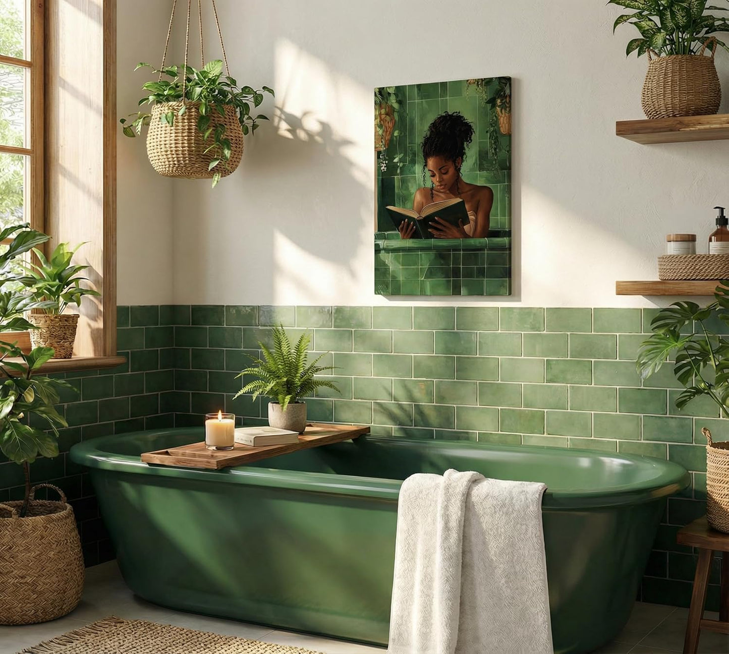 African American Woman Canvas Wall Art Black Girl Reading in the Bathroom Wall Art Picture Green Simplicity Black Woman Reading Poster Print for Study Bedroom Bathroom Artwork Home Decoration