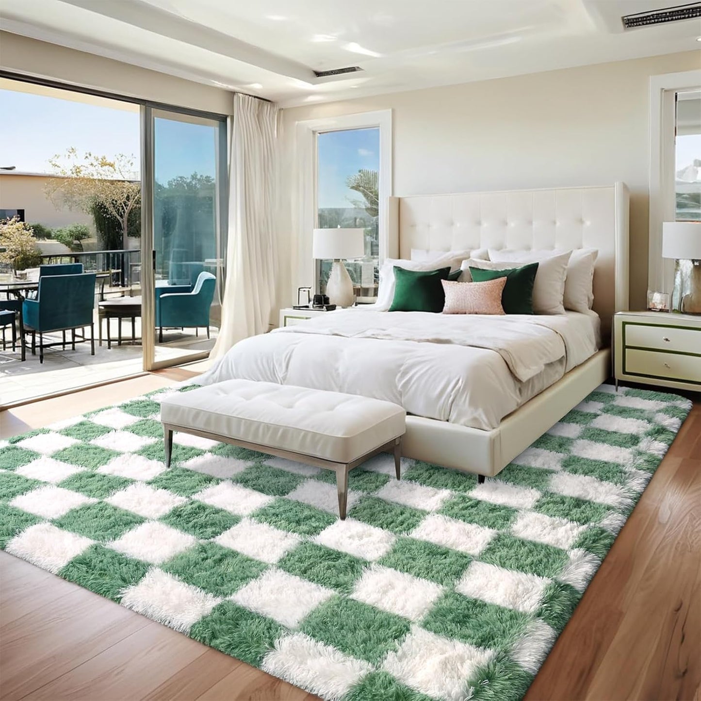 Rugs for Bedroom Living Room, 4x6 ft Sage Green and White Checkered Area Rug, Fluffy Soft Washable Carpet, Modern Non-Slip Shag Carpets for Boys Girls Nursery Home Aesthetic Decor