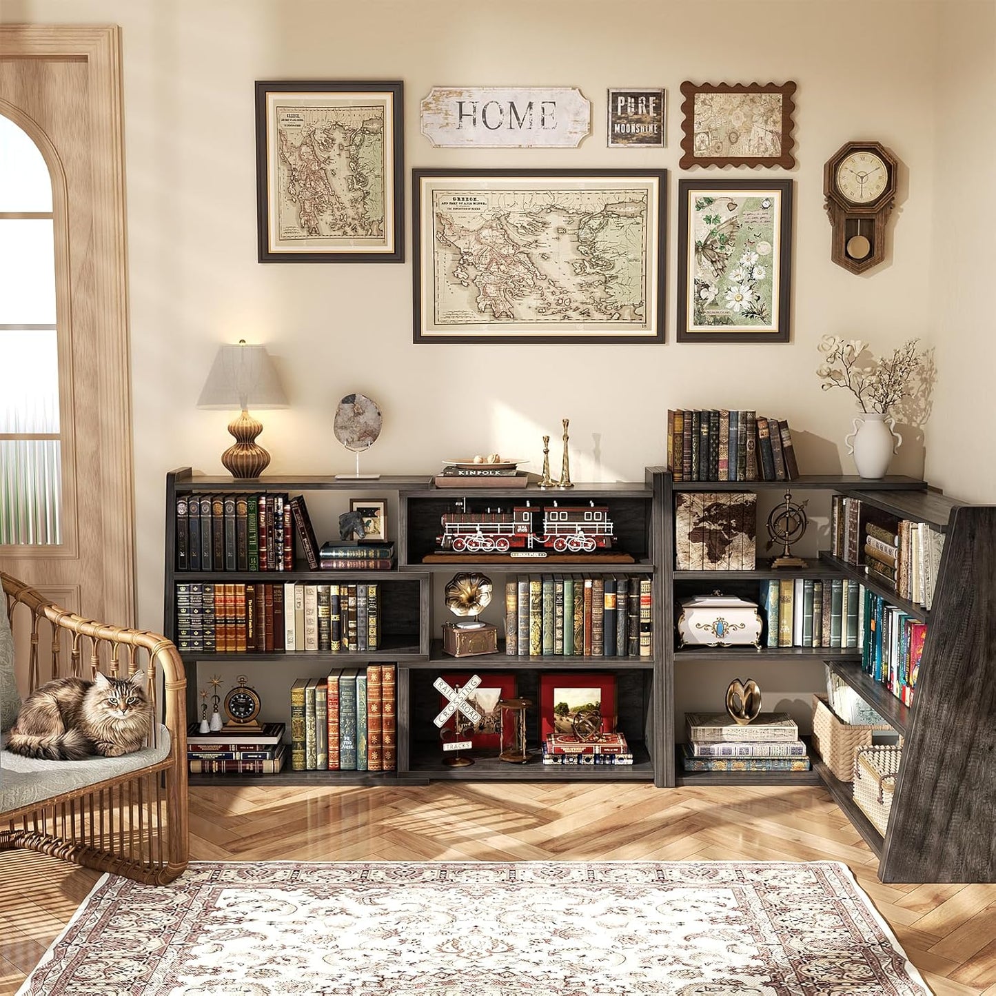Armocity Expandable Bookshelf, Short Corner Bookshelf for Small Spaces, Small Ladder Book Shelf, Extendable Wood Narrow Bookcase for Living Room, Bedroom, 4 Tier, Grey Oak