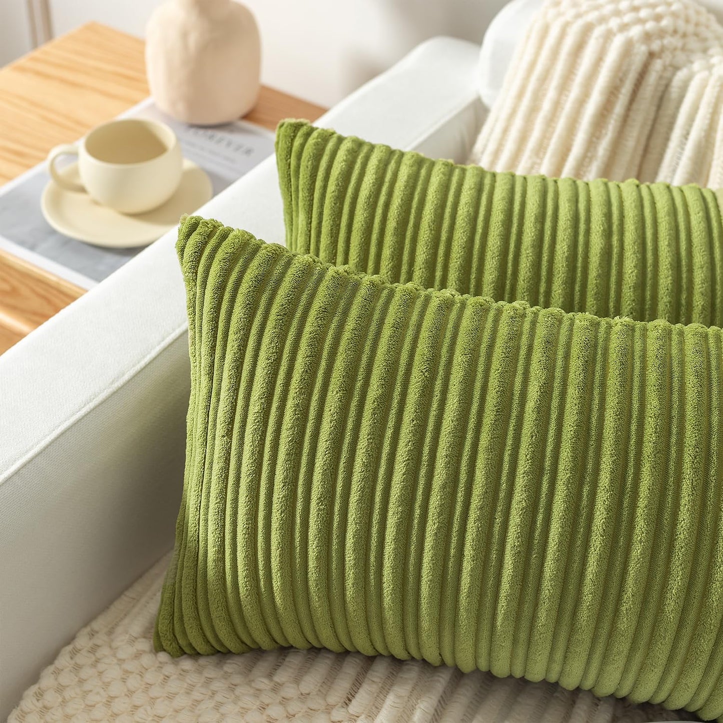 Kevin Textile Velvet Lumbar Pillow Covers Striped, Spring Decorative Throw Cushion Case with Hidden Zipper for Home Couch/Bedroom/Car, Soft Cozy Solid Oblong, 2 Pack (12"x20",Green)