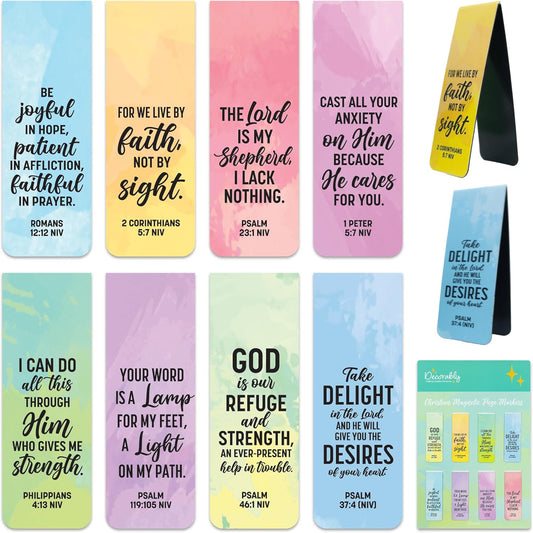Decorably 8 Pack 0.8x2.3in Bible Verse Christian Magnetic Bookmarks for Women or Men, 8 Watercolor Motivational Designs Prayer Page Clips for Women & Men - Study, Devotional, Journaling, Reading, Gift