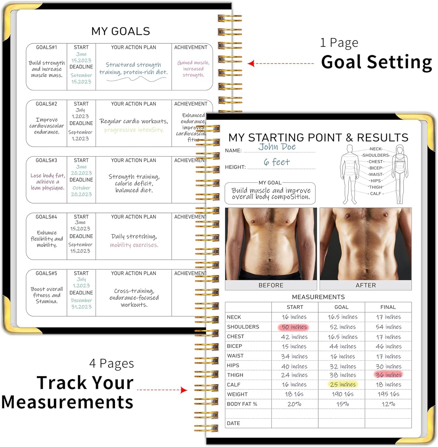 Workout Journal Fitness Tracker Planner for Men & Women, 5.9"×9.4" Workout Log Book for Tracking Gym & Home Workouts, Monitoring Progress - Exquisite Design Hardcover with Metal Corner , A5 Size Black Easy to Carry
