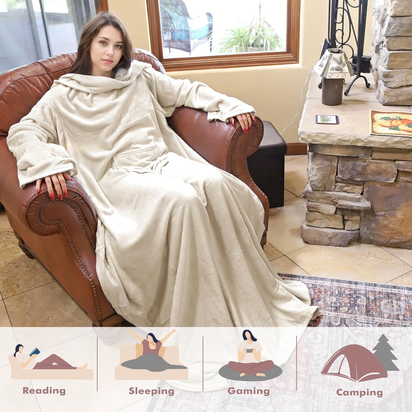 Tirrinia Wearable Blanket Adult, Sunggle Blanket With Sleeves, Reading Full Blanket, Cozy TV Blanket, Gift Idea for Women Men Mom, Latte