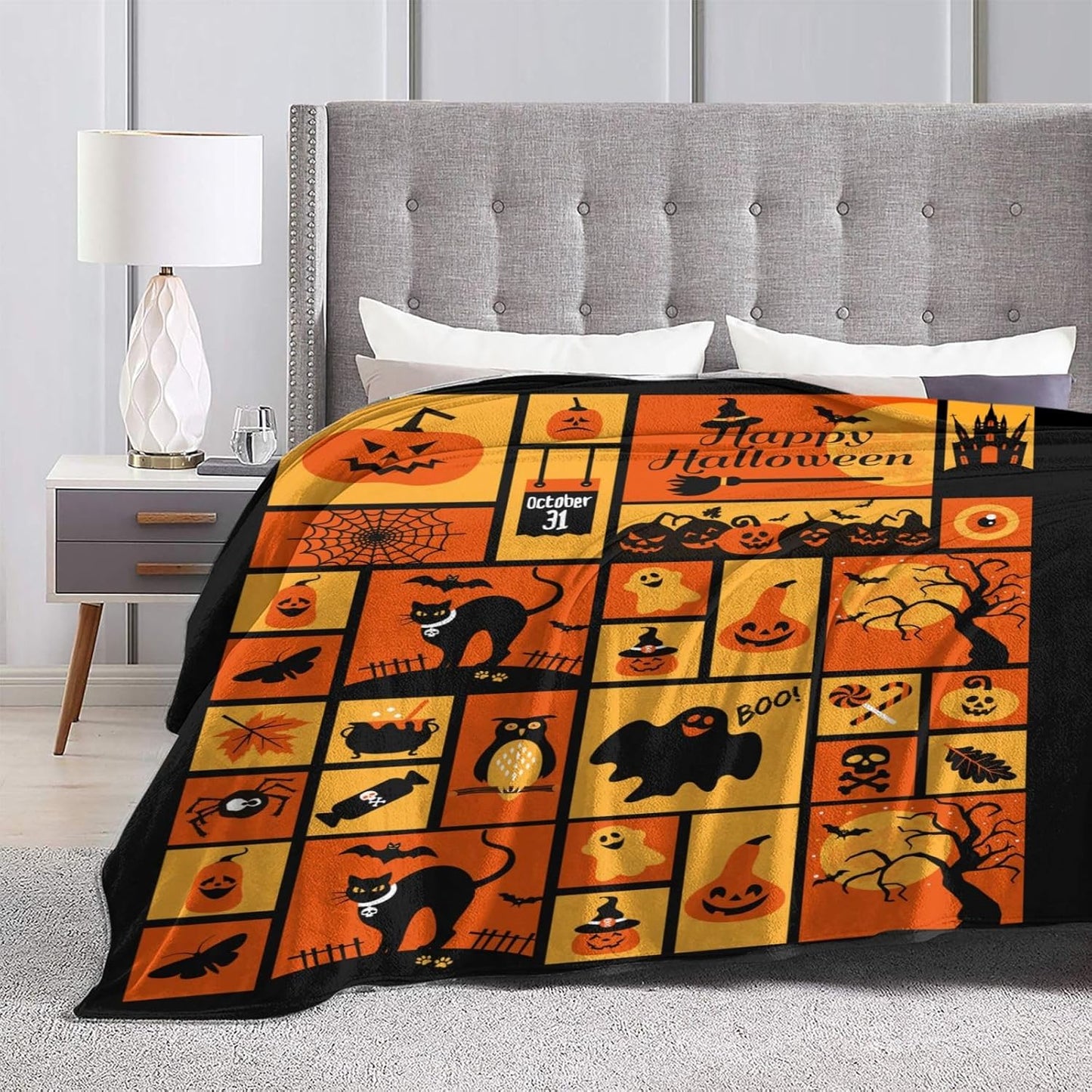Halloween Happy Halloween Blanket Halloween Throw Blanket Flannel Lightweight Soft Plush Fuzzy Blankets for Bed Sofa Couch Livingroom Chair Car Travel Pet 50"x40"