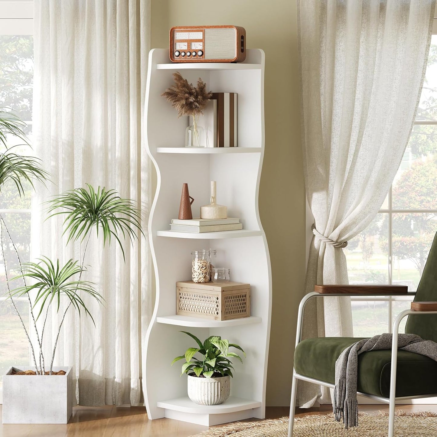 HOOBRO Corner Shelf with Light, 5-Tier Modern Corner Bookshelf, Stylish Display Bookcase，Wooden Open Book Shelf Storage Rack for Small Spaces, Living Room, Home Office, White WT67DCJ01