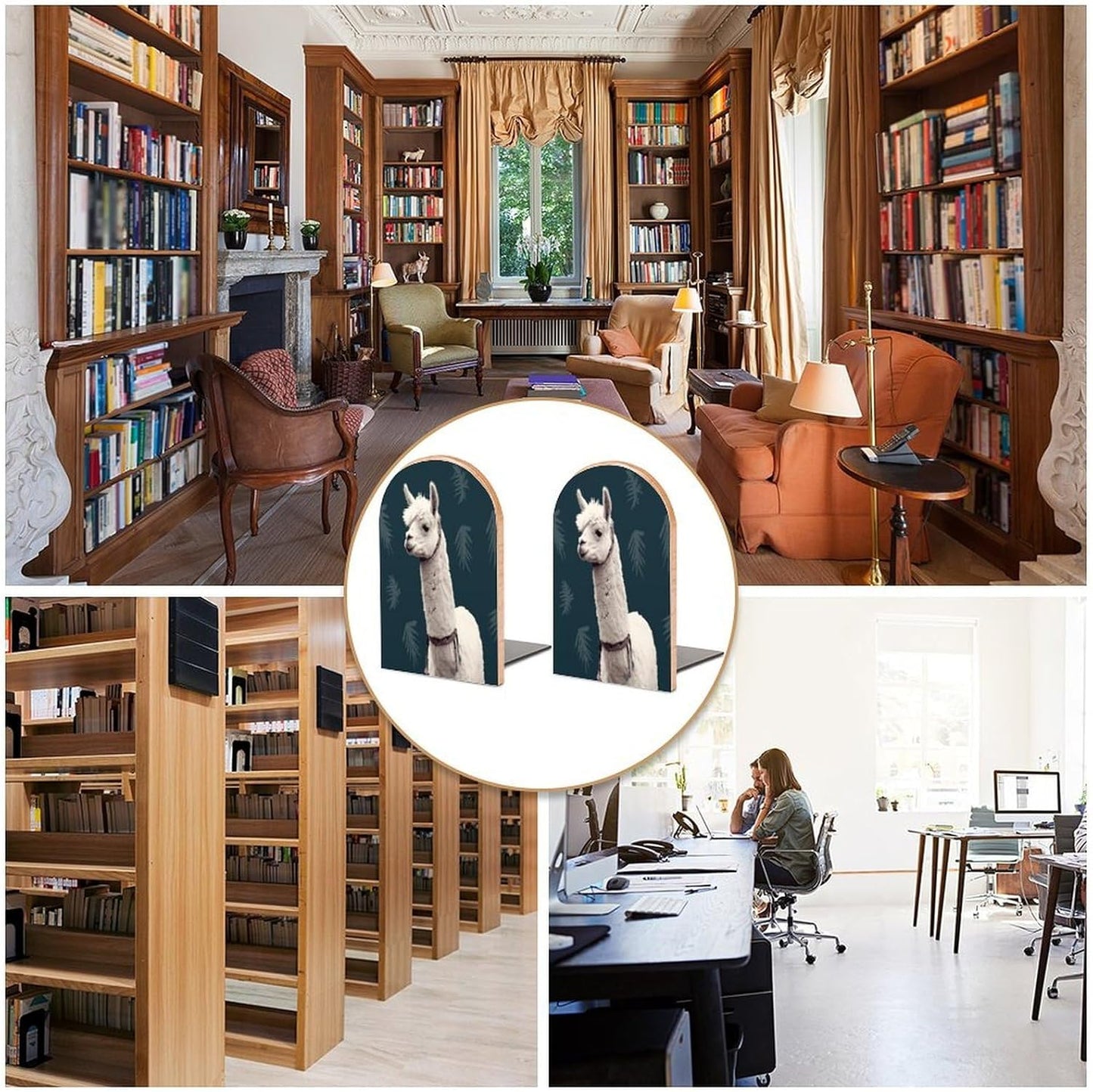 Alpaca Llama Bookends 1 Pair Heavy Duty Book Ends for Shelves Non-Skid Bookend Supports Wooden Book Holders with Metal Base Desk Organizers Books Storage to Hold Books