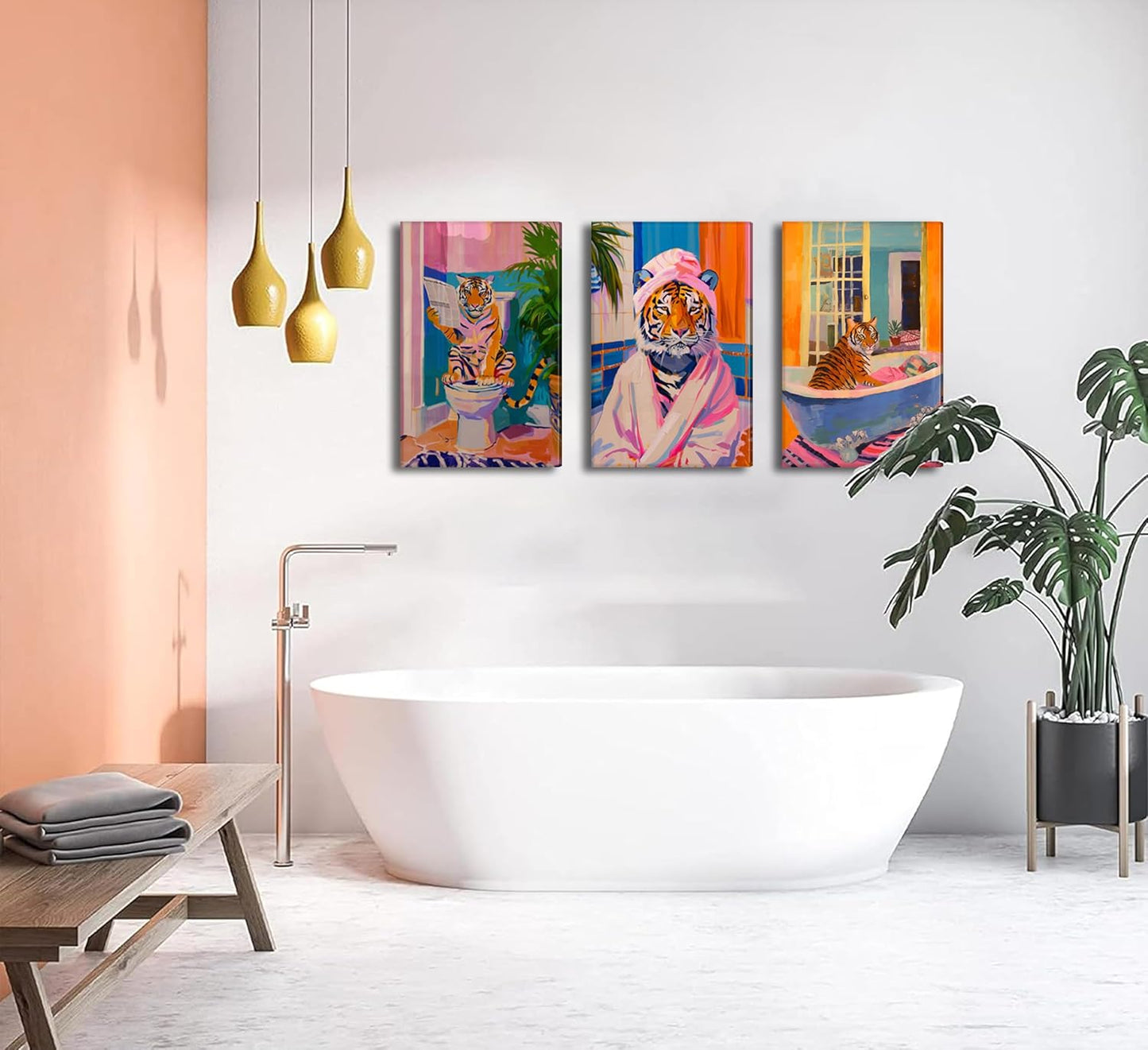 3 pcs Funny Bathroom Tiger Wall Art Eclectic Pink Kitsch Dopamine Aesthetic Animal Pictures Wall Decor Tiger in Bathtub Fashion Poster Print Artwork for Bathroom Toilet Furniture Decoration