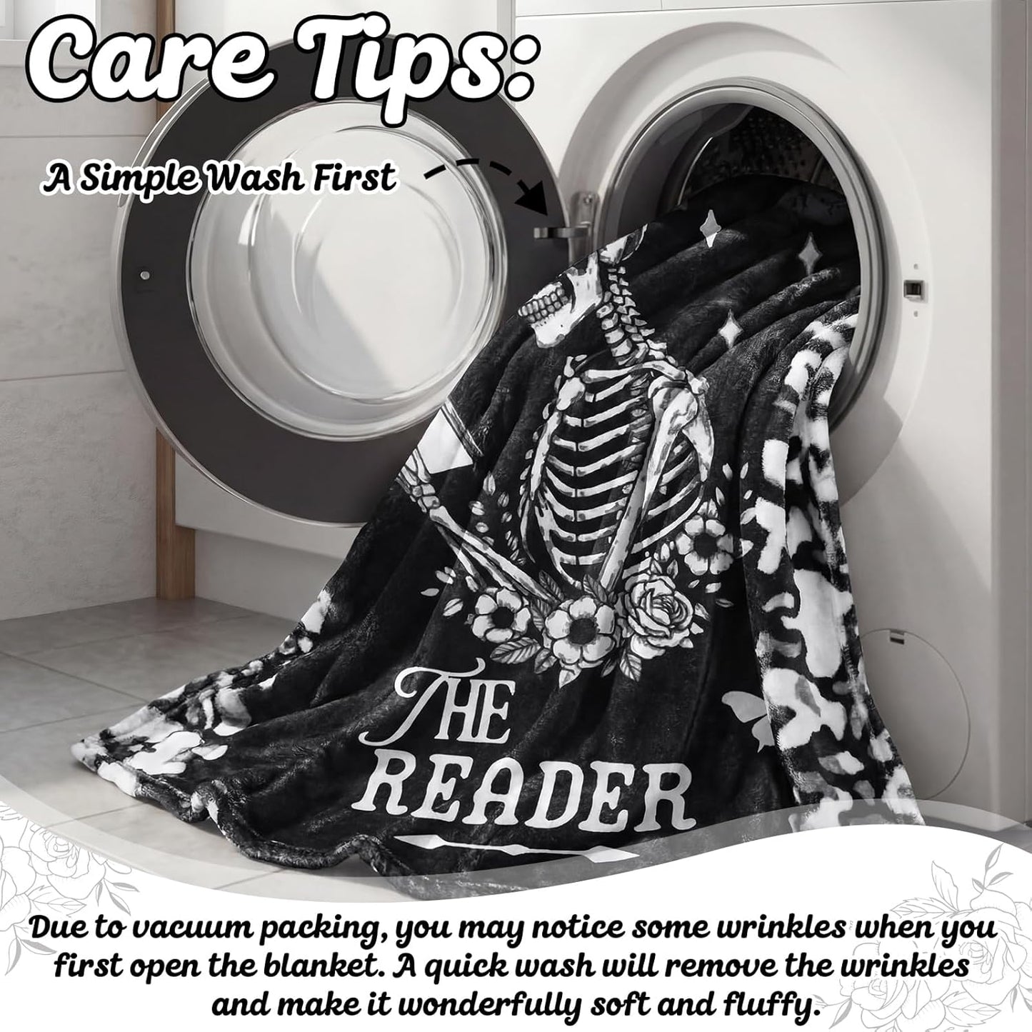 Moukeren Book Lovers Gifts for Readers Gothic Skeleton Reading Blanket 50"x60" Soft Flannel Throw Book Blanket for Women Bookish Bookworm Club Librarian Birthday Gifts Cozy Reading Accessories