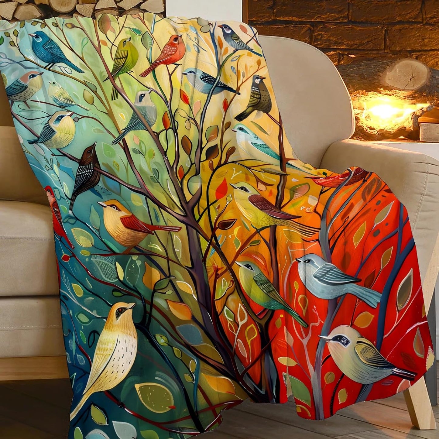 Colorful Bird Tree Blanket Bird Tree Decor Animal Throw Blanket Gifts for Girls Boys Super Warm Soft Plush Lightweight Fleece Flannel Winter Bedding Blankets for Kids Adult Women Men 50"X40"