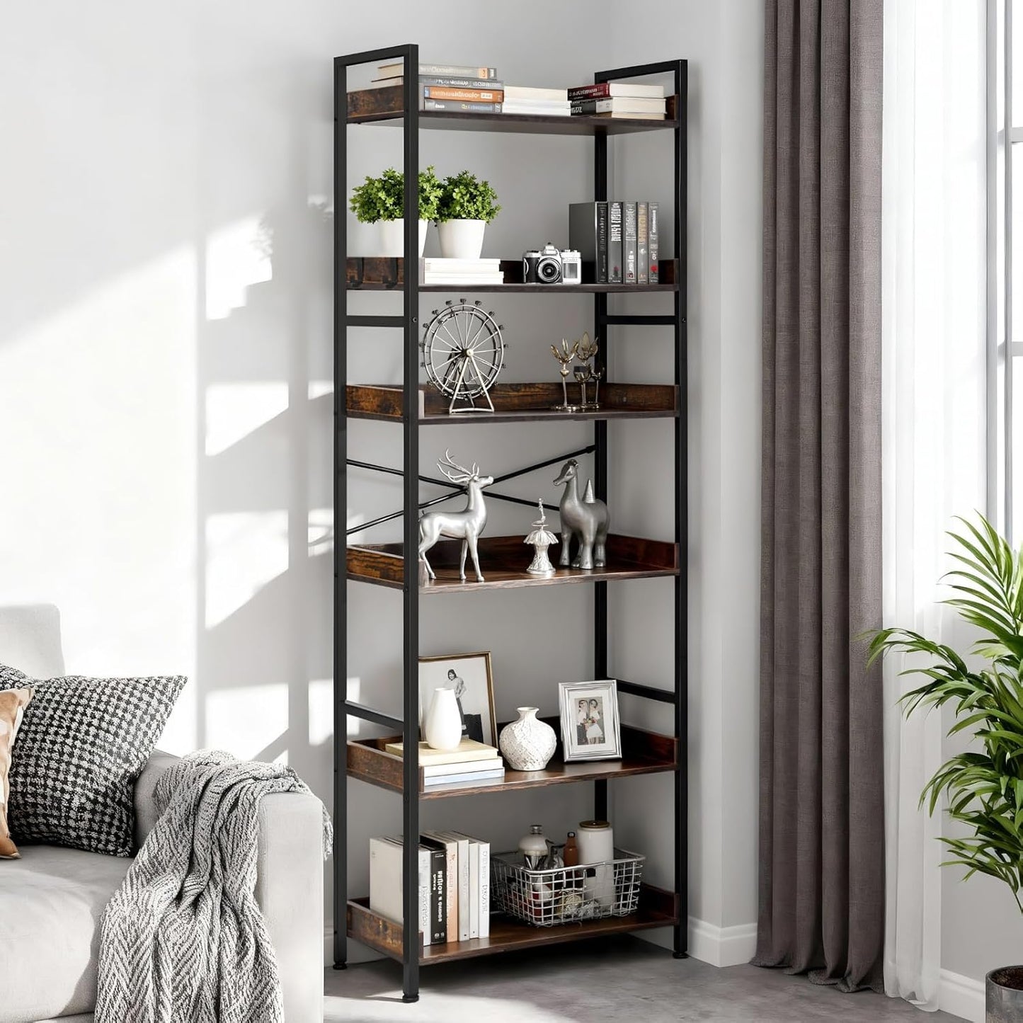 VEVOR Industrial Bookshelf, 6-Tier, Vintage Ladder Shelf Bookshelves and Bookcases, with Metal Frame, Book Organizer with Open Shelves, for Living Room, Bedroom, Kitchen, Home Office, Rustics Brown