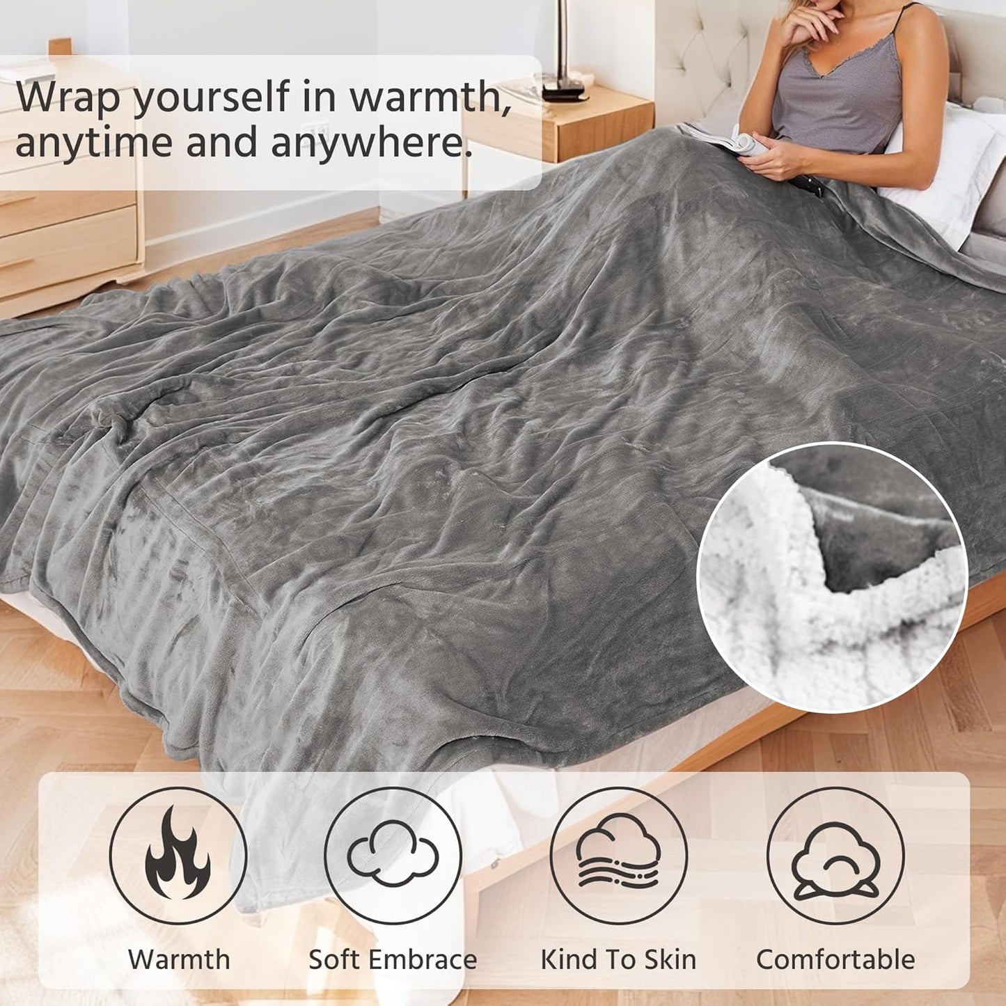 Electric Heated Blanket Full Size 72x84 Inch - Super Soft Flannel, 10 Heat Settings, 1-12H Auto Shut Off, Machine Washable, Easy Controller, Perfect for Winter Warmth - Light Grey