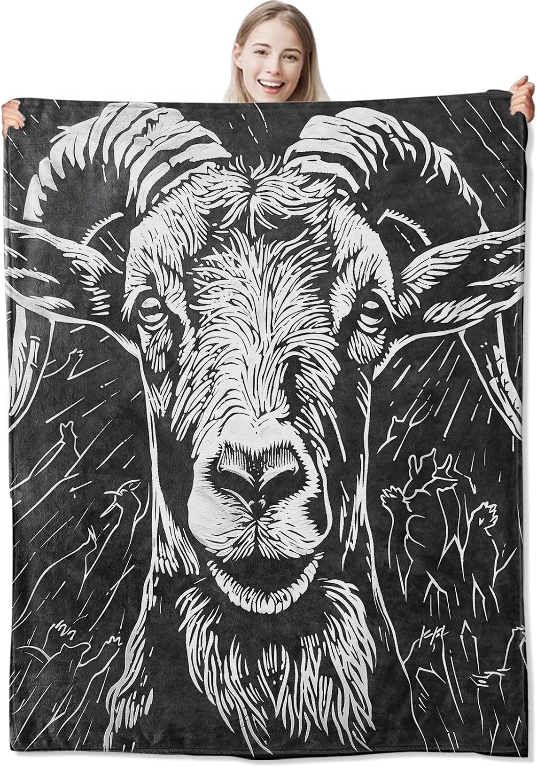 Goat Flannel Throw Blanket 50x60 Inch, Bold Black and White Mountain Sheep Blankets Soft Cozy Fleece Throws for Animal Lover Bed Sofa Dorm Living Room Rustic Home Decor Gifts