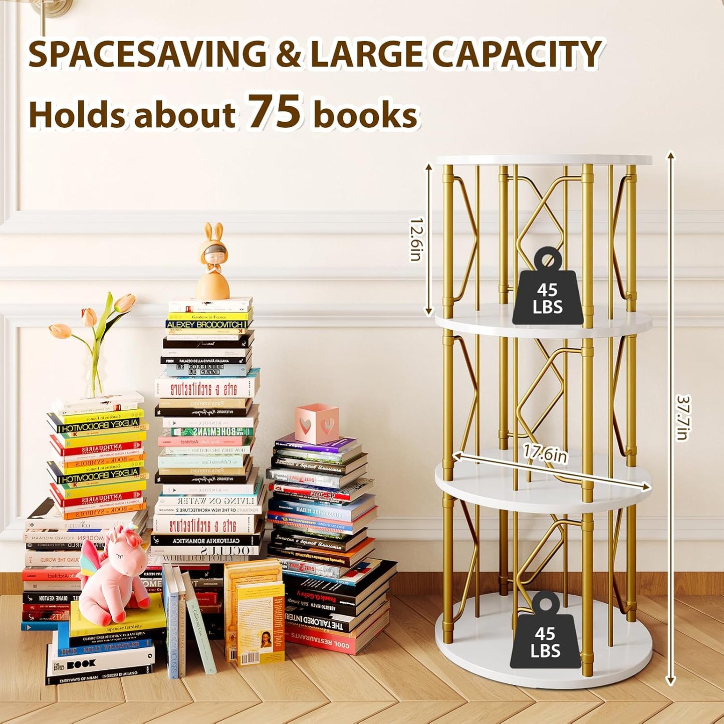 3 Tier Rotating Bookshelf Tower, Revolving Bookcase, 360° Round Spinning Book Shelf, Narrow Swivel Bookshelves Vertical Turning Corner Bookshelf Organizer for Bedroom, Living Room, Gold & White