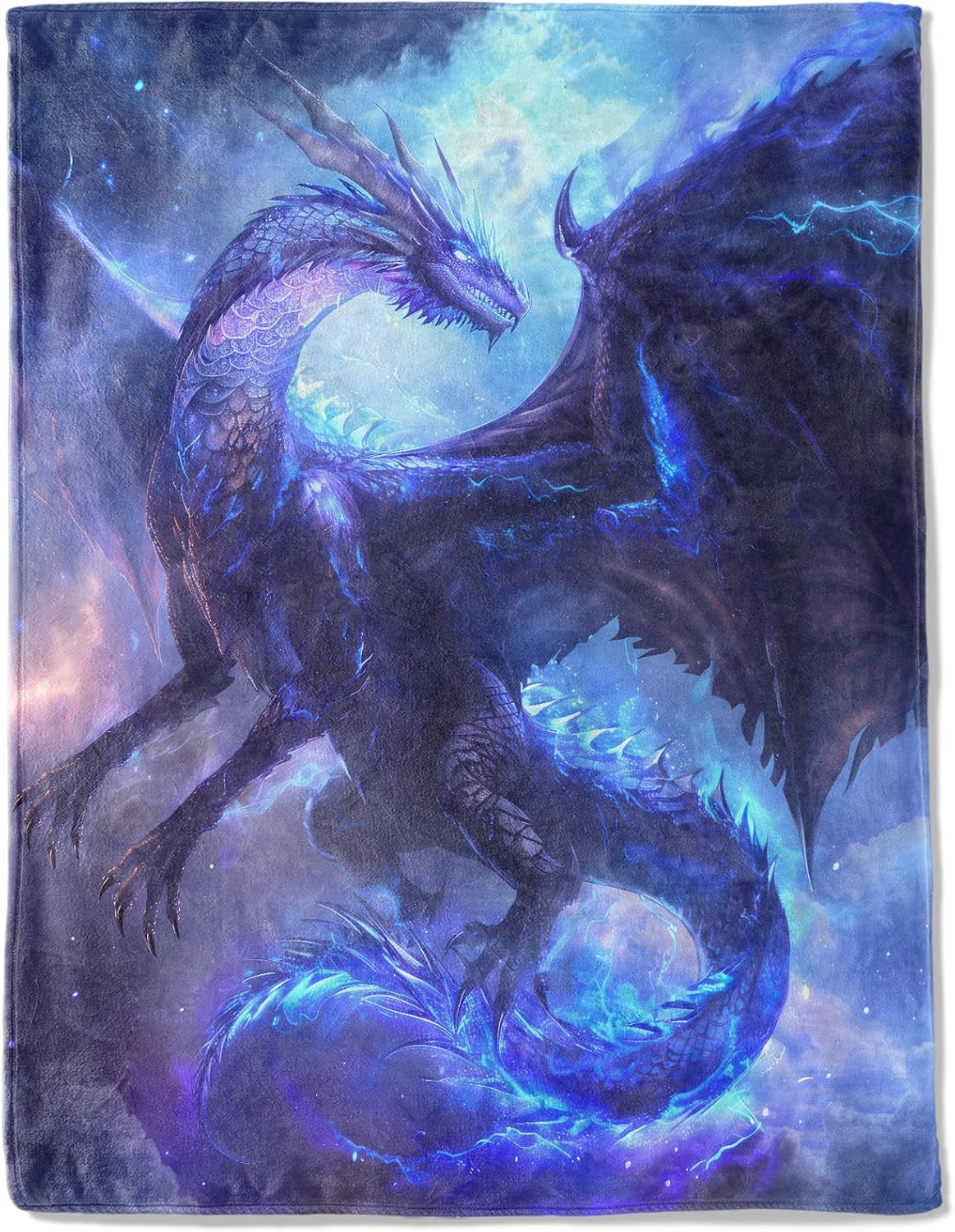 Mystical Dragon Fleece Blanket,Blue Fantasy Epic Magical Style Blankets,Soft and Warm Decorative Throws for Game Room,Office,Sofa,Lightweight Throw Gifts for Gamers Teens Men 50”x60”