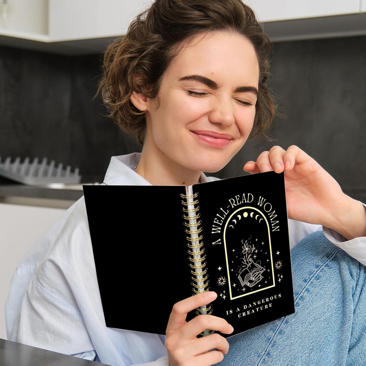 UTELKA Reading Journal Notebook Reader Book Spiral Notebook 5.5x8.3, A Well-Read Woman Black Gold Book Journal for Books Lovers Bookish Gifts for Women Girls
