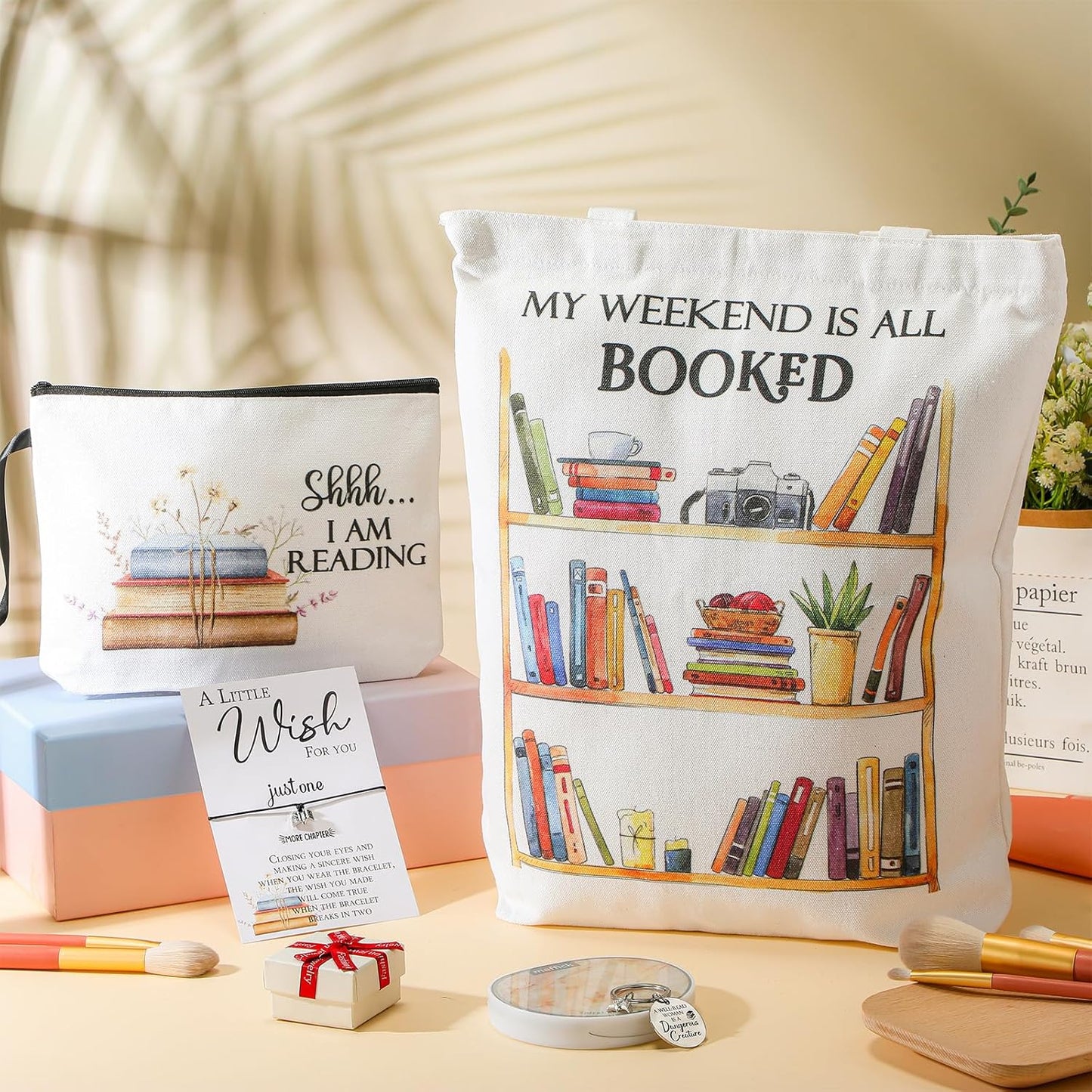 Sweetude 4 Pcs Book Lovers Gifts Sets Include Book Tote Bag, Bookworm Bracelet with Wish Card, Canvas Makeup Bag, and Bookish Keychain for Women Readers Books Lover Gifts