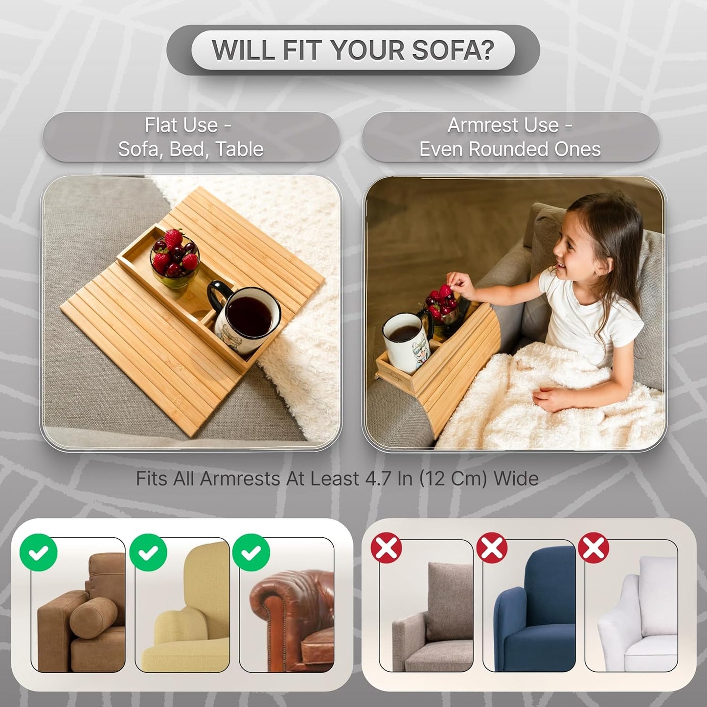 Bamboo Sofa Armrest Tray - Foldable Couch Arm Tray with Cup Holder - 2 in 1 Anti-Slip Sofa Armchair Caddy Table for Drinks, Phone, TV Remote, Snacks