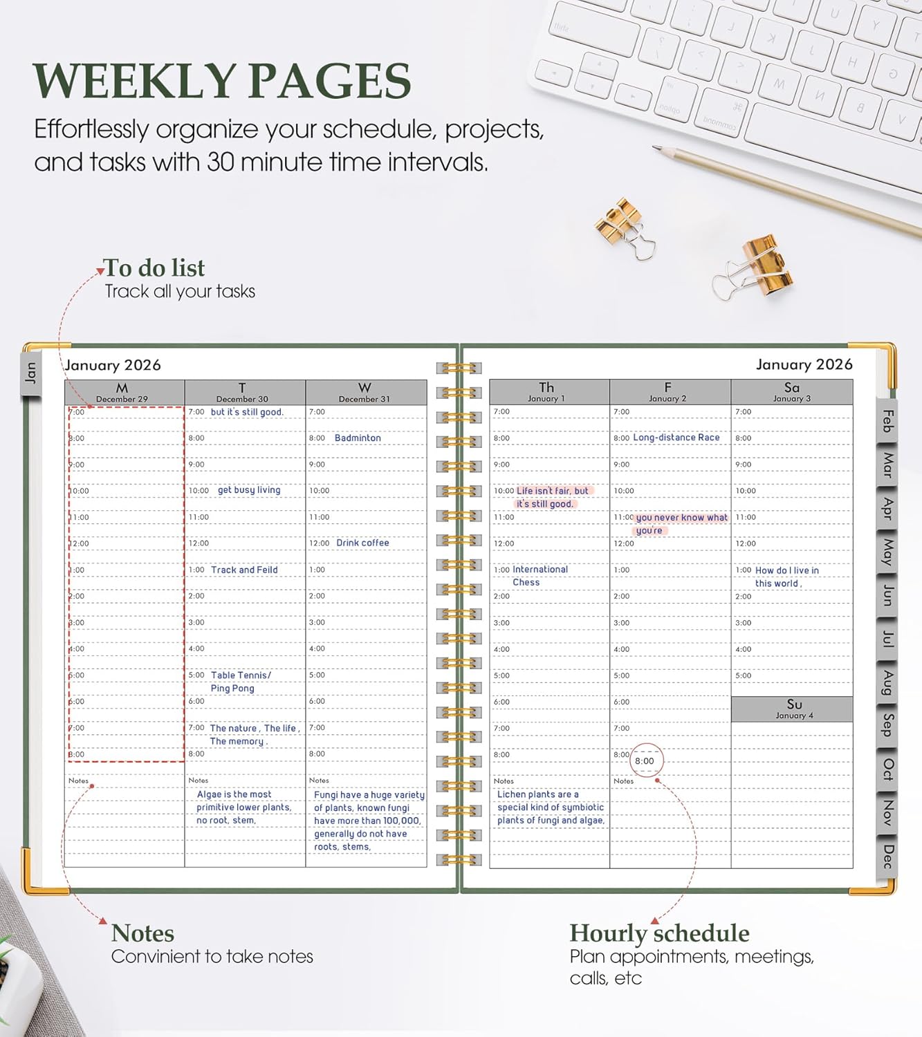 2026 Planner, Weekly and Monthly Calendar Planner from January 2026 - December 2026, 8.5" x 11" Hardcover Leather Hourly Appointment Book with Tabs, Spiral Daily Planners for School Work Home, Green