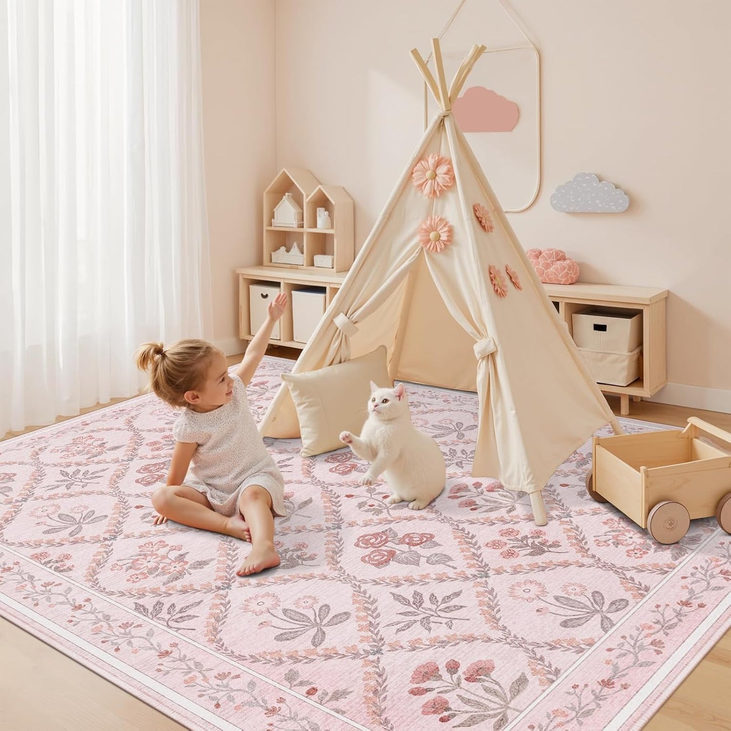 Pink Rug for Office Under Desk Rolling Chairs 4x6 Small Classroom Rug Reading Corner,Washable Boho Floral Hardwood Floor Mat for Baby Nursery Bedroom Living Room Kitchen Dinning Room