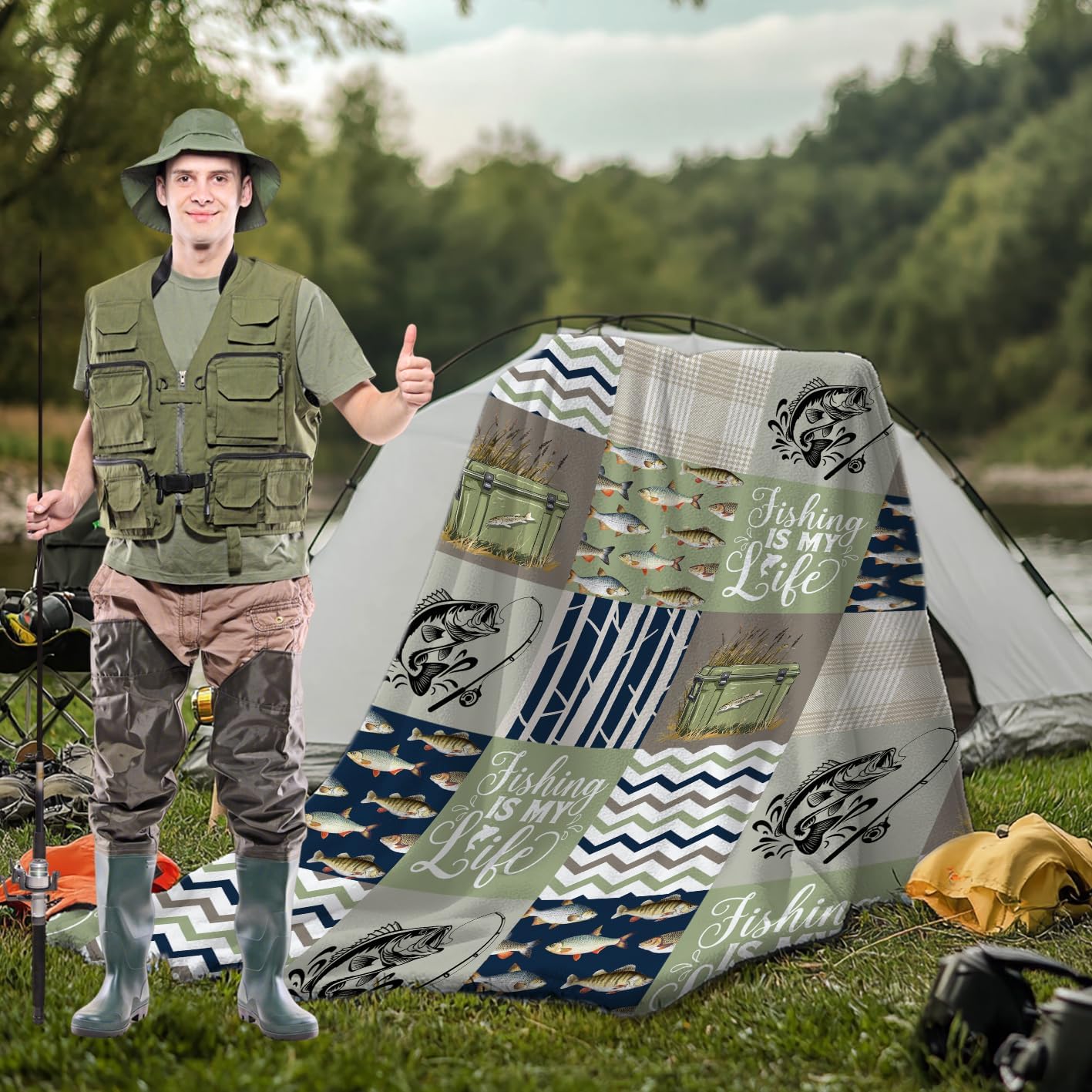 Fishing Blanket - Ultra Soft & Plush Fish Throw Decor for Couch, Travel, Office, Outdoor - Fishing Lover Gifts for Men Dad Grandpa - 40"x50"-Kids/Throw Size