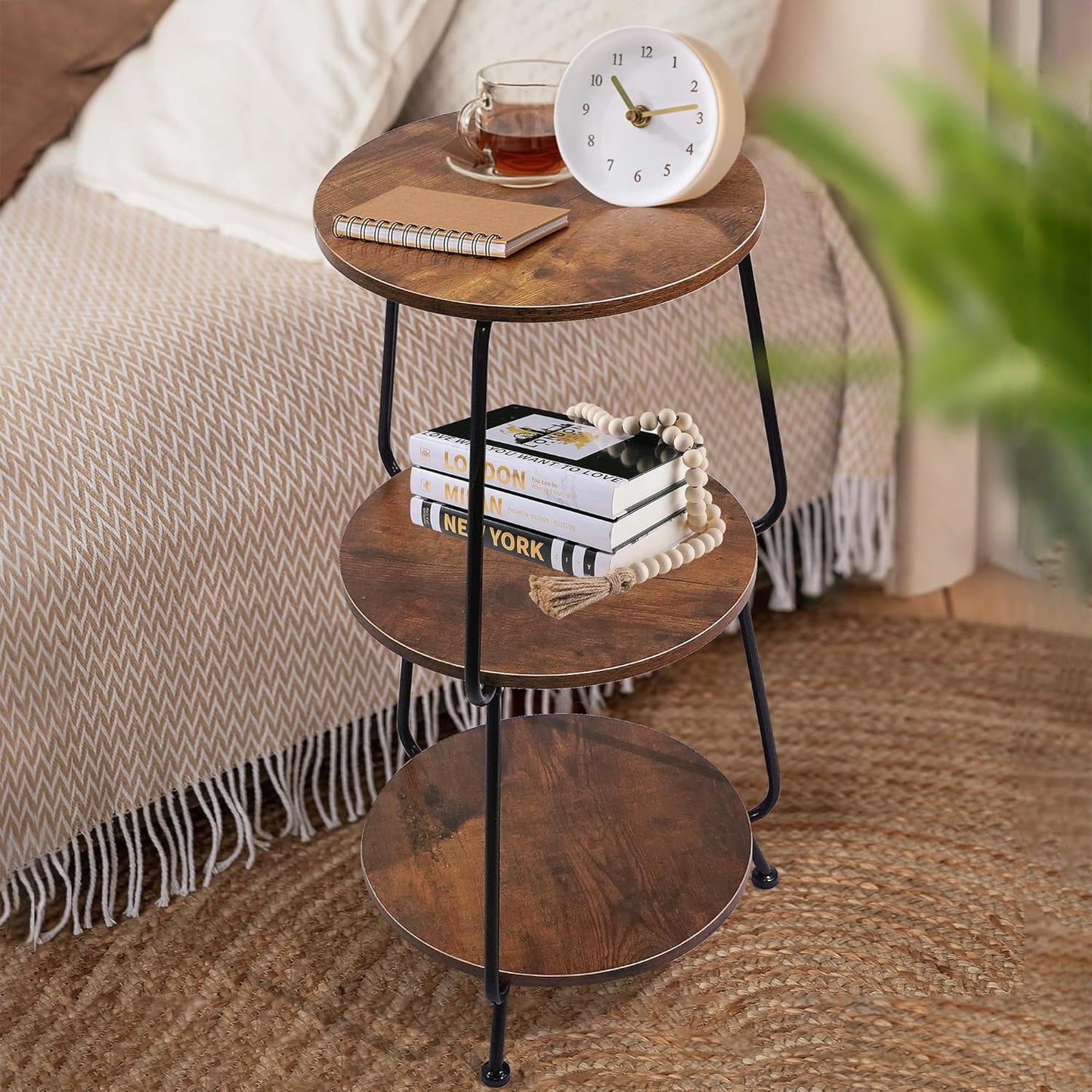 Small Round Side Table, 3 Tier Circular Narrow End Table with Storage Shelf, Round Corner Coffee Table Nightstand, Compact Tea Sofa Table for Living Room Bedroom Small Spaces, Rustic, Vintage, Brown