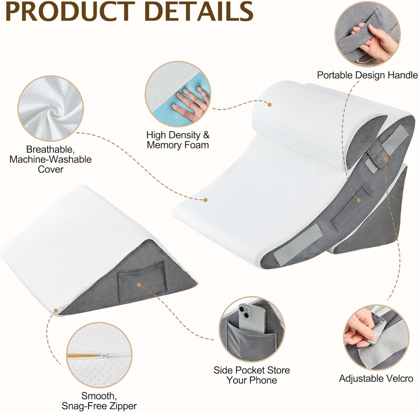 Bed Wedge Pillow, 4PC Adjustable Memory Foam Triangle Wedge Pillow Set For After Surgery, Pillow Wedge For Sleep Apnea, Back Pain Relief, Acid Reflux Relief, Orthopedic Pillow Wedge For Sleeping, Grey