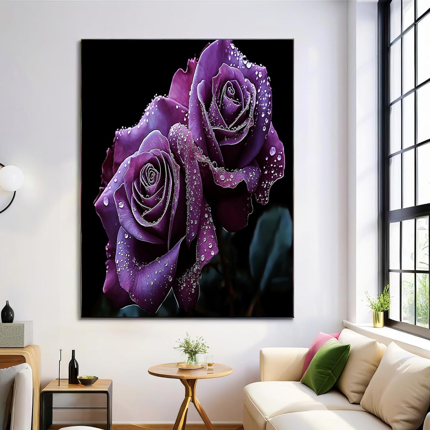 GDJSMIN Romantic Style Wall Art, Water Drop Purple Rose Poster for Reading Room Living Room Decor 24 x 36 inch Unframed
