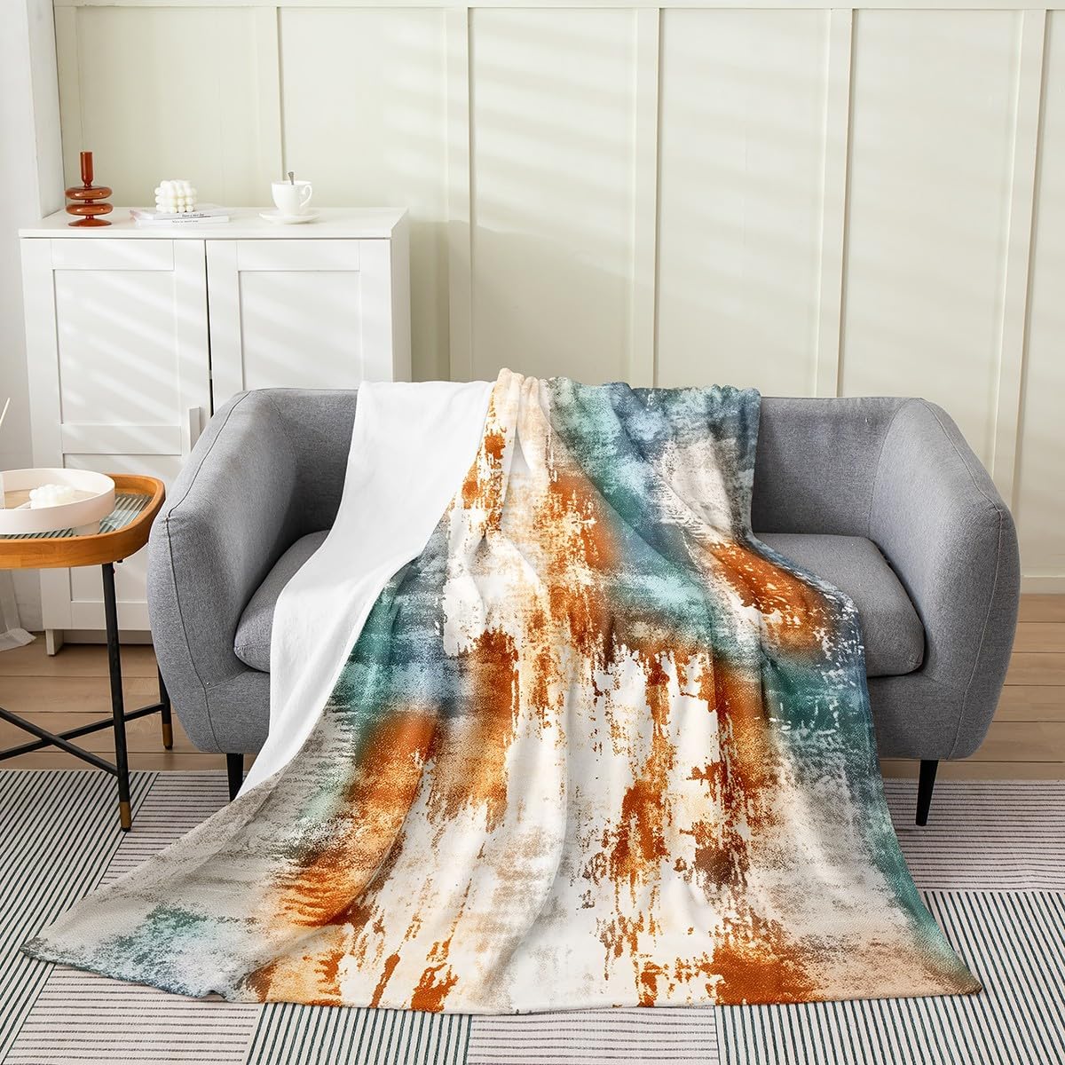 Erosebridal Modern Abstract Blanket Vintage Ombre Art Throw Blanket Queen 90x90,Minimalism Teal Orange Grunge Oil Painting Fleece Blanket,Watercolor Artwork Rustic Graffiti Decor Fuzzy Blanket