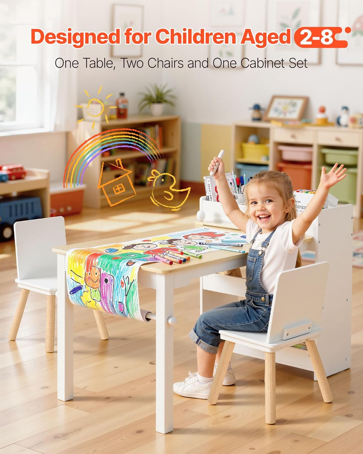VEVOR Kids Art Table and Chair Set, Toddler Craft Table with 3 Tiers Storage Cabinet, Wooden Kids Activity Play Desk with 2 Chairs, Art Craft Play Desk for Reading, Learning, Drawing, Writing, White