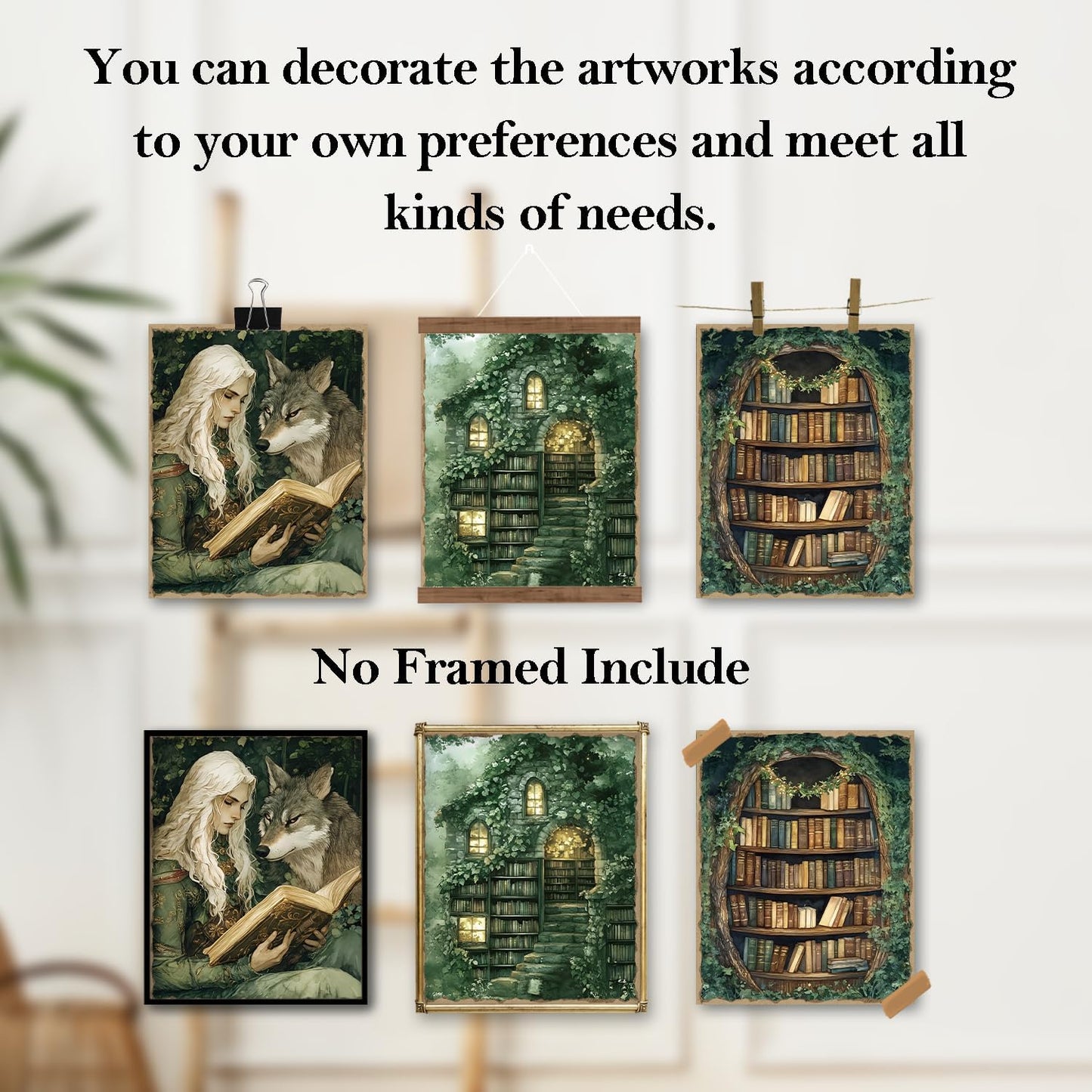 OCFMUHFP Vintage Reading Fairy Wall Art Posters Set of 4, Fantasy Reading Nook Corner Room Decor, Forest Green Bookish Prints Artwork for Library Book Store Club Wall Decor 8x10 Unframed