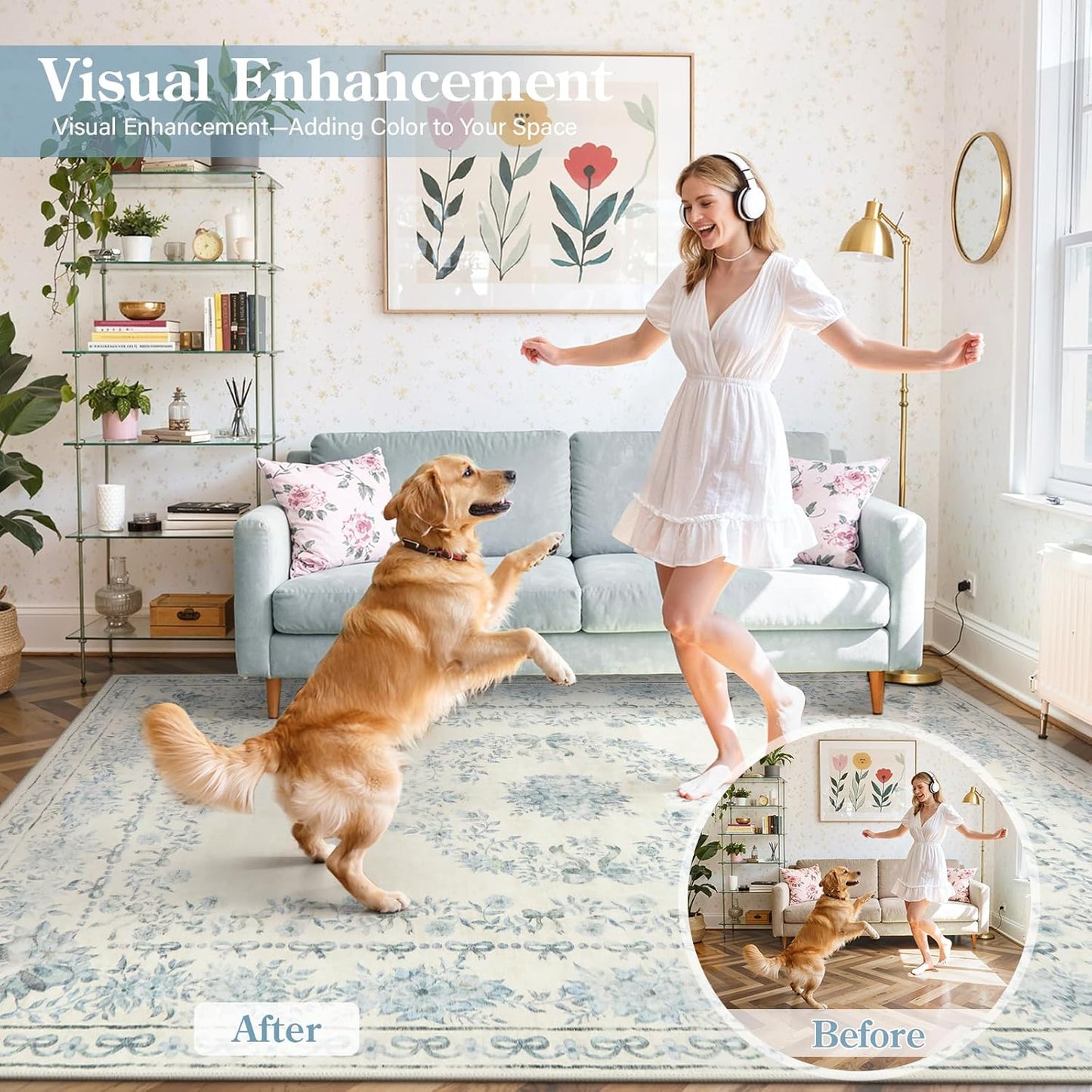 Wonnitar Bow Floral 5x7 Washable Rug, Blue Area Rug for Kids Room, Ultra-Thin Non Slip Soft Neutral Aesthetic Decor Carpet for Living Room Farmhouse Dining Room Office Playroom