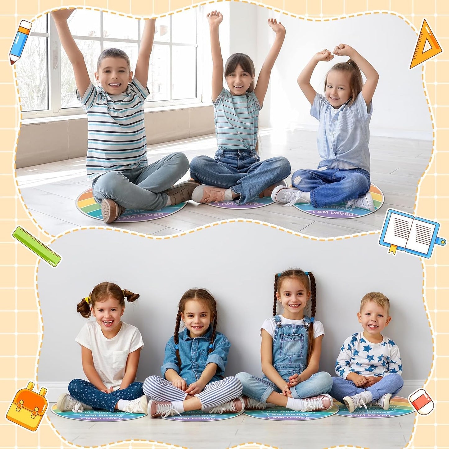 12 Pcs Carpet Circle Seats 15 Inch Positive Affirmations Round Classroom Rug for Non Slip Floor Cushions Mat for Back to School Nursery Learning Calm Down Corner Playing Areas Decor(Rainbow)